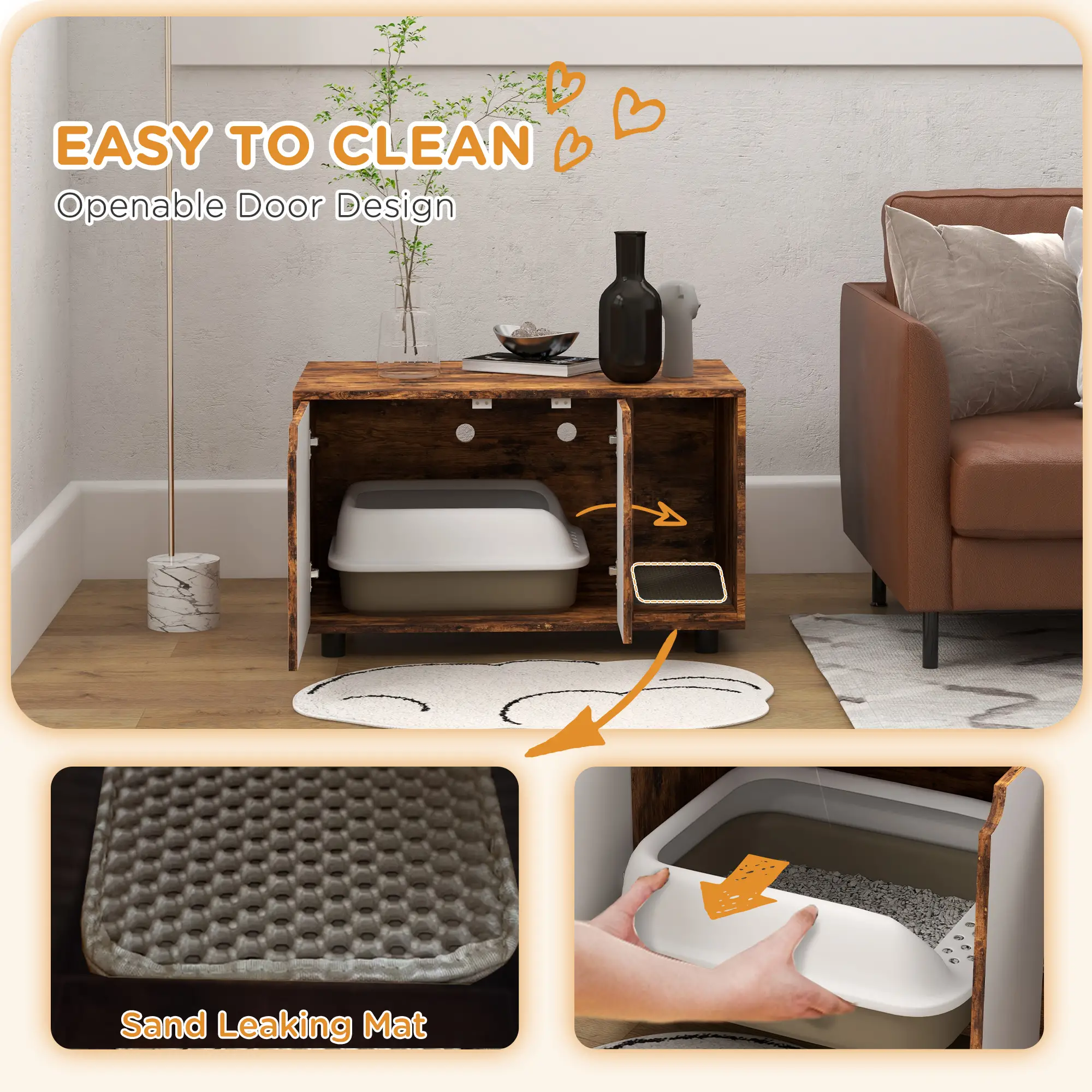 Hidden Cat Litter Box Enclosure, Double Doors, Sand Drain Pad, Rustic Brown - Image 4
