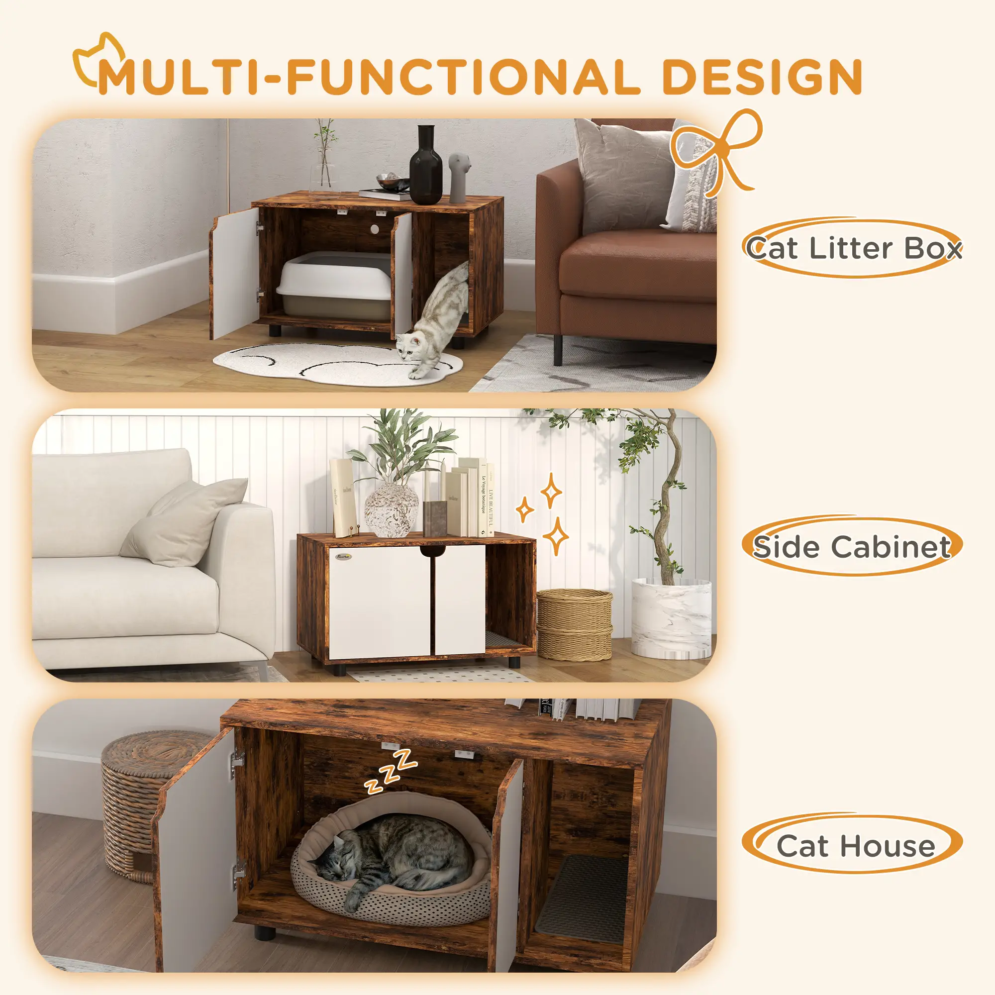 Hidden Cat Litter Box Enclosure, Double Doors, Sand Drain Pad, Rustic Brown - Image 6