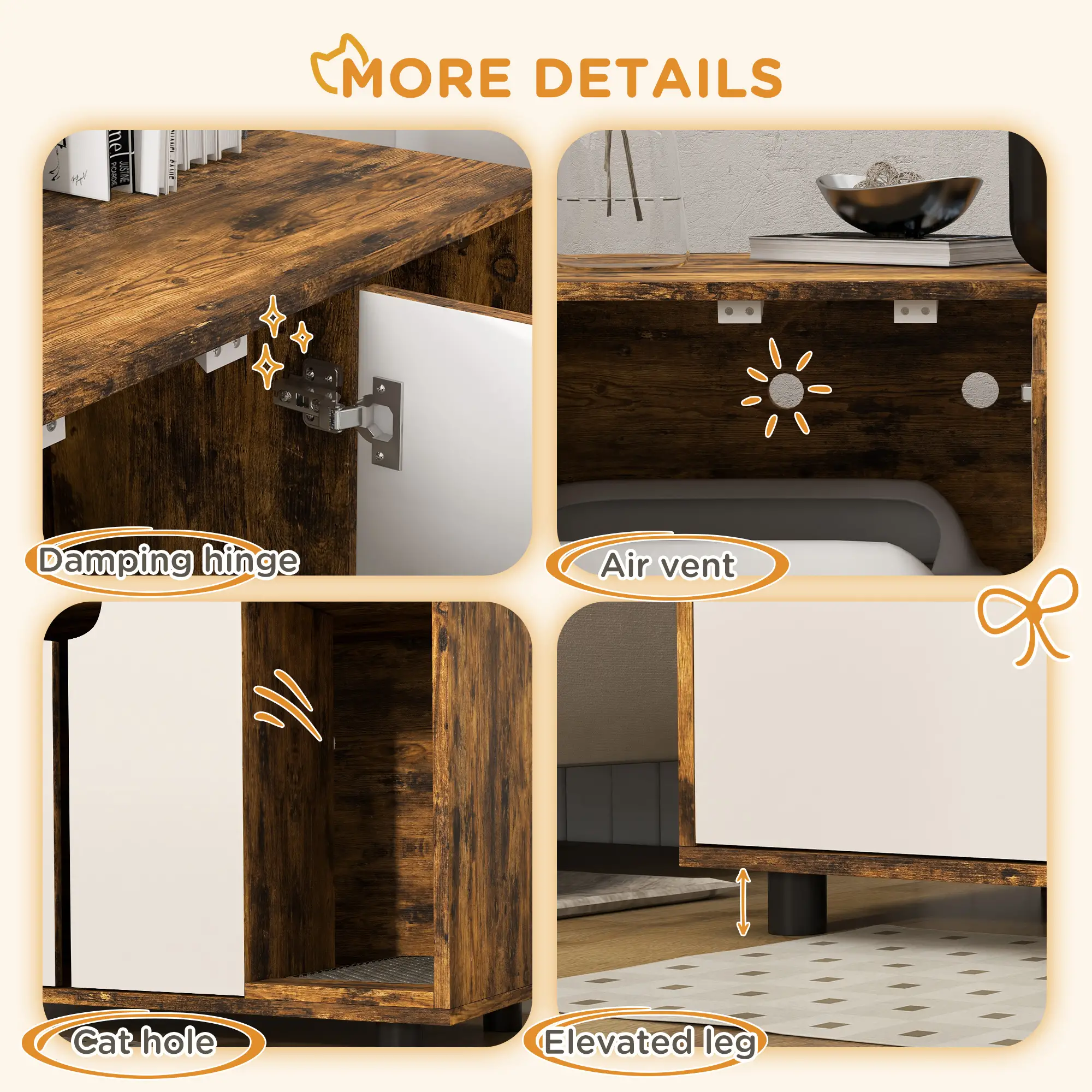 Hidden Cat Litter Box Enclosure, Double Doors, Sand Drain Pad, Rustic Brown - Image 7