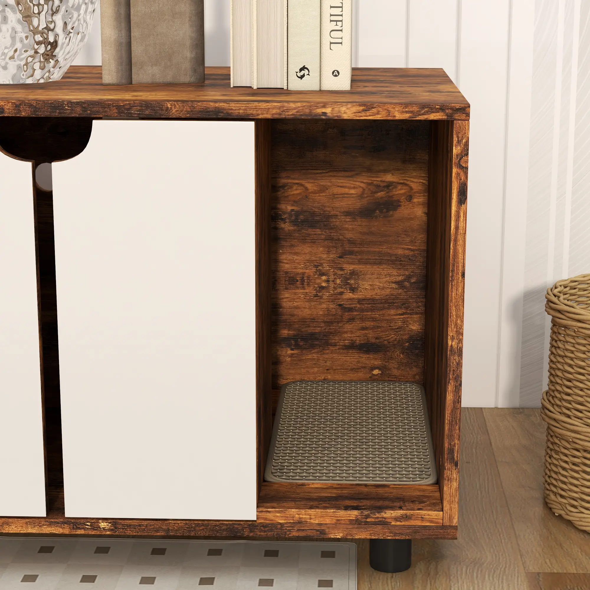 Hidden Cat Litter Box Enclosure, Double Doors, Sand Drain Pad, Rustic Brown - Image 9