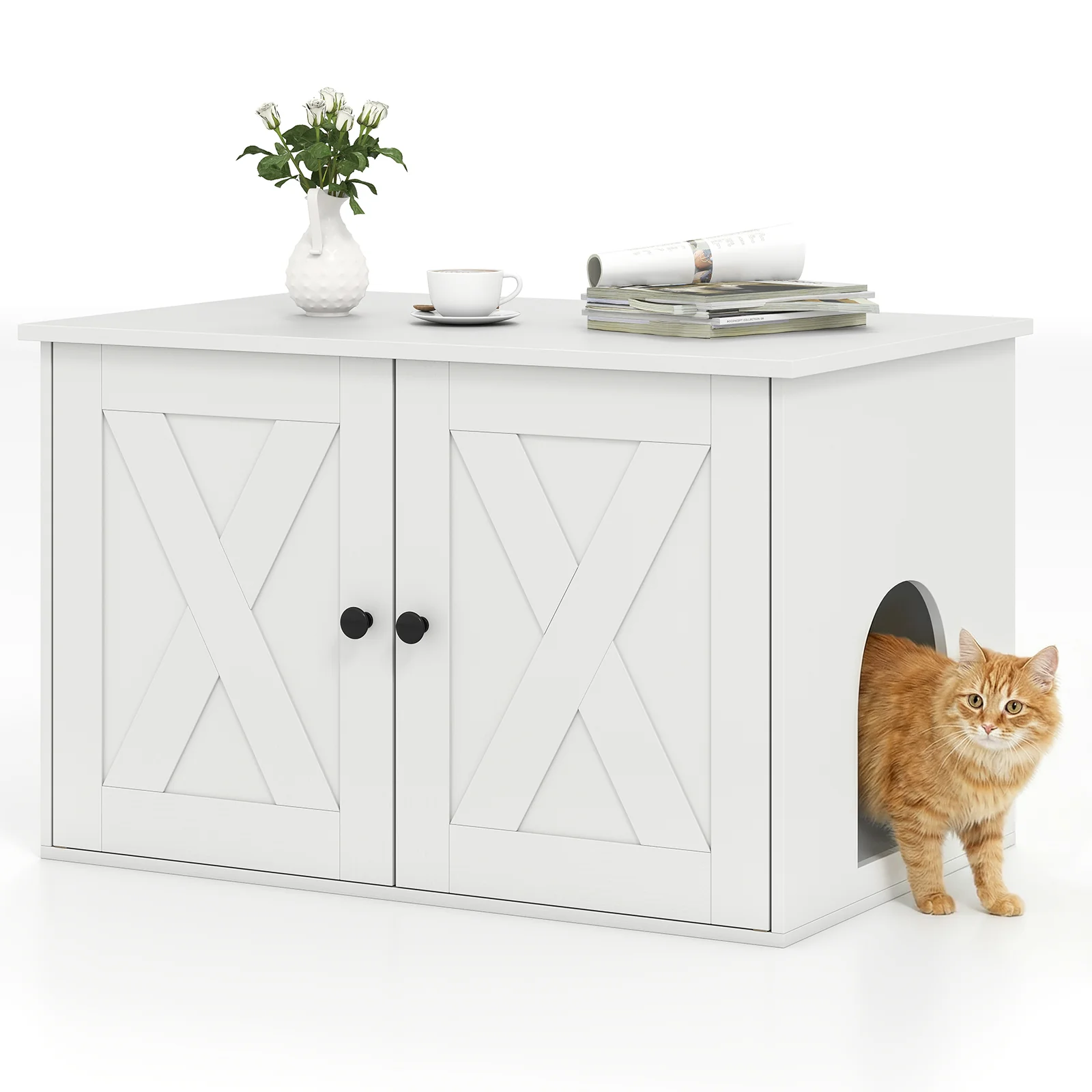 Hidden Cat Litter Box Enclosure With Divider, White