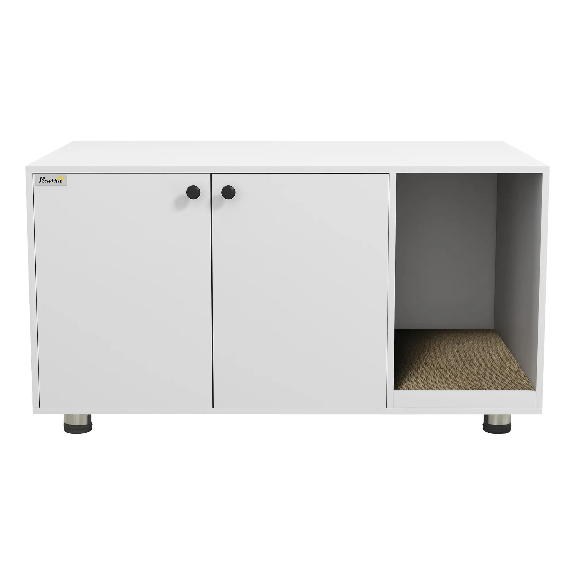 Hidden Cat Litter Box Furniture, Double Doors, Scratching Pad, White