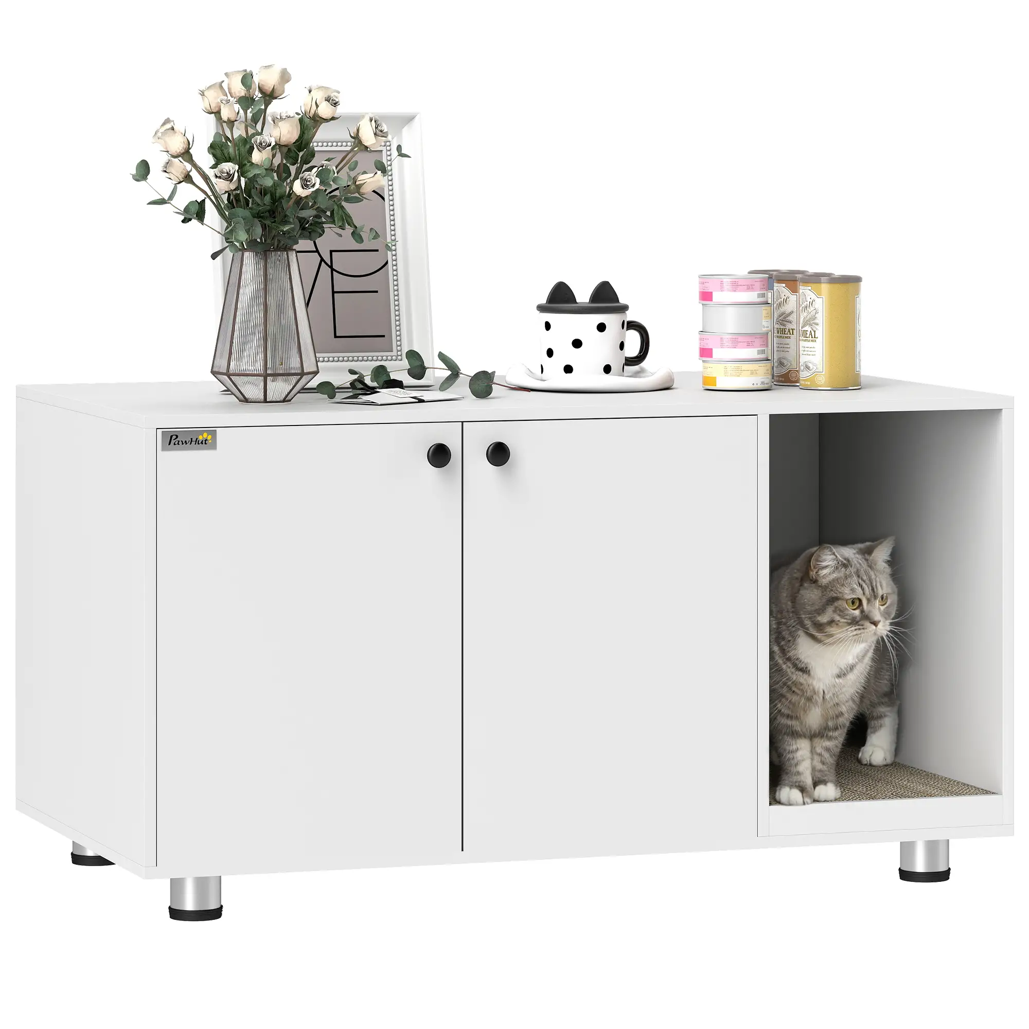 Hidden Cat Litter Box Furniture, Double Doors, Scratching Pad, White - Image 11