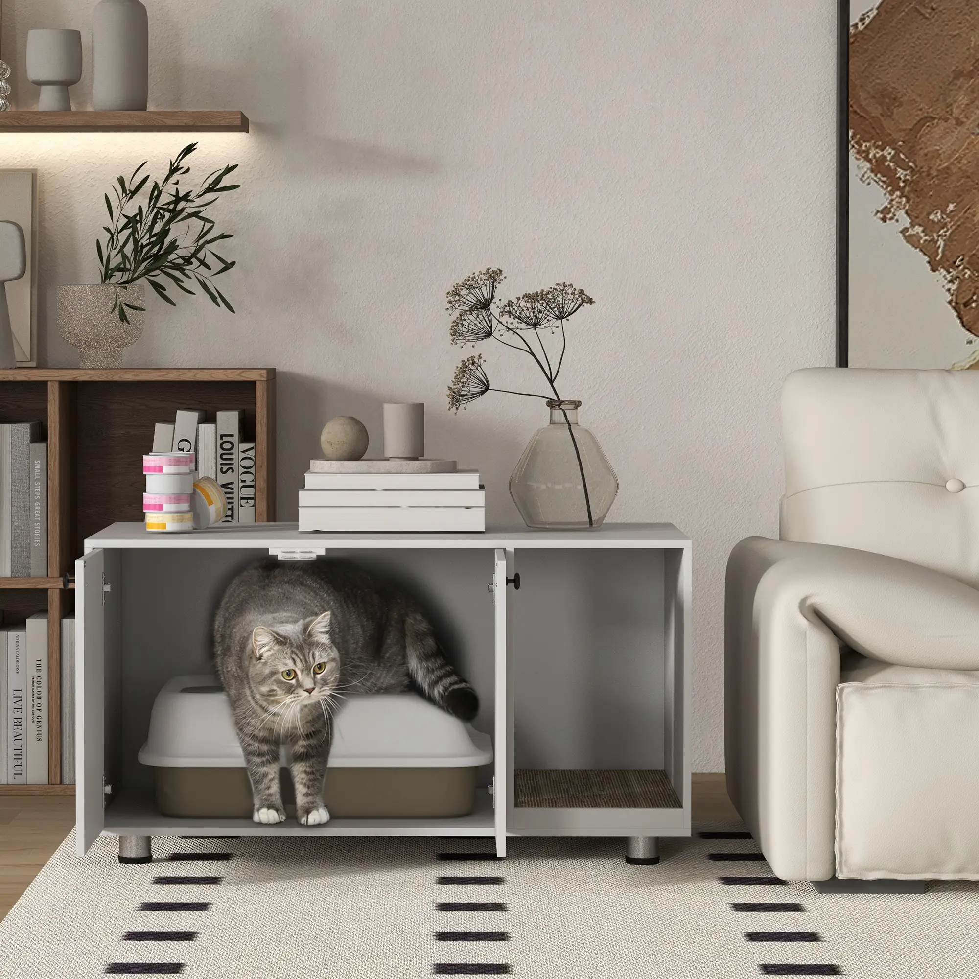 Hidden Cat Litter Box Furniture, Double Doors, Scratching Pad, White - Image 2
