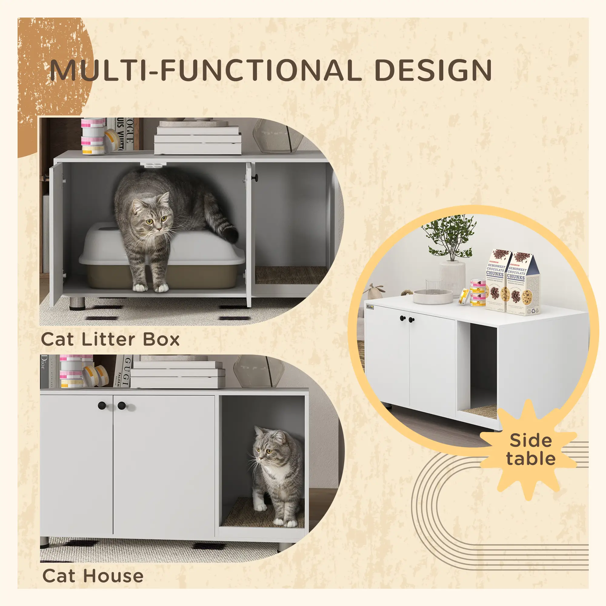 Hidden Cat Litter Box Furniture, Double Doors, Scratching Pad, White - Image 4