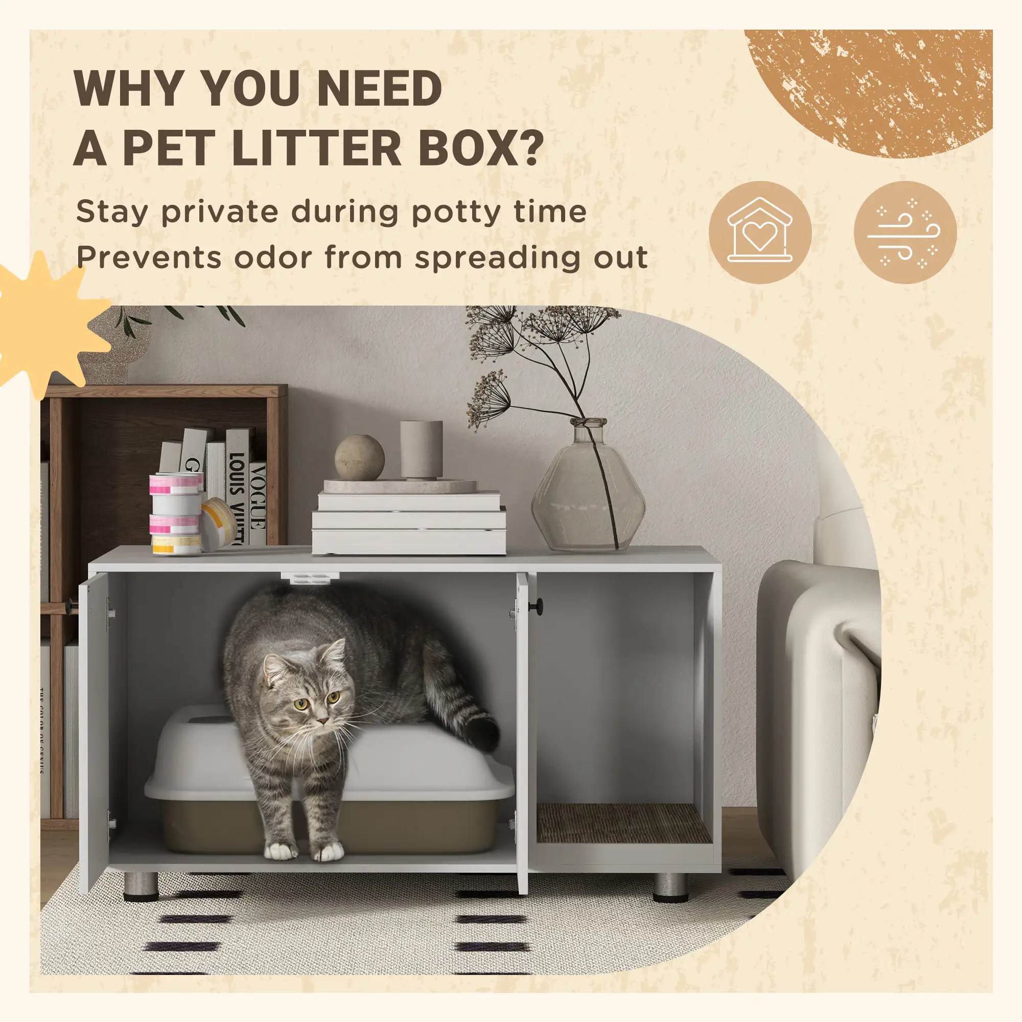 Hidden Cat Litter Box Furniture, Double Doors, Scratching Pad, White - Image 5