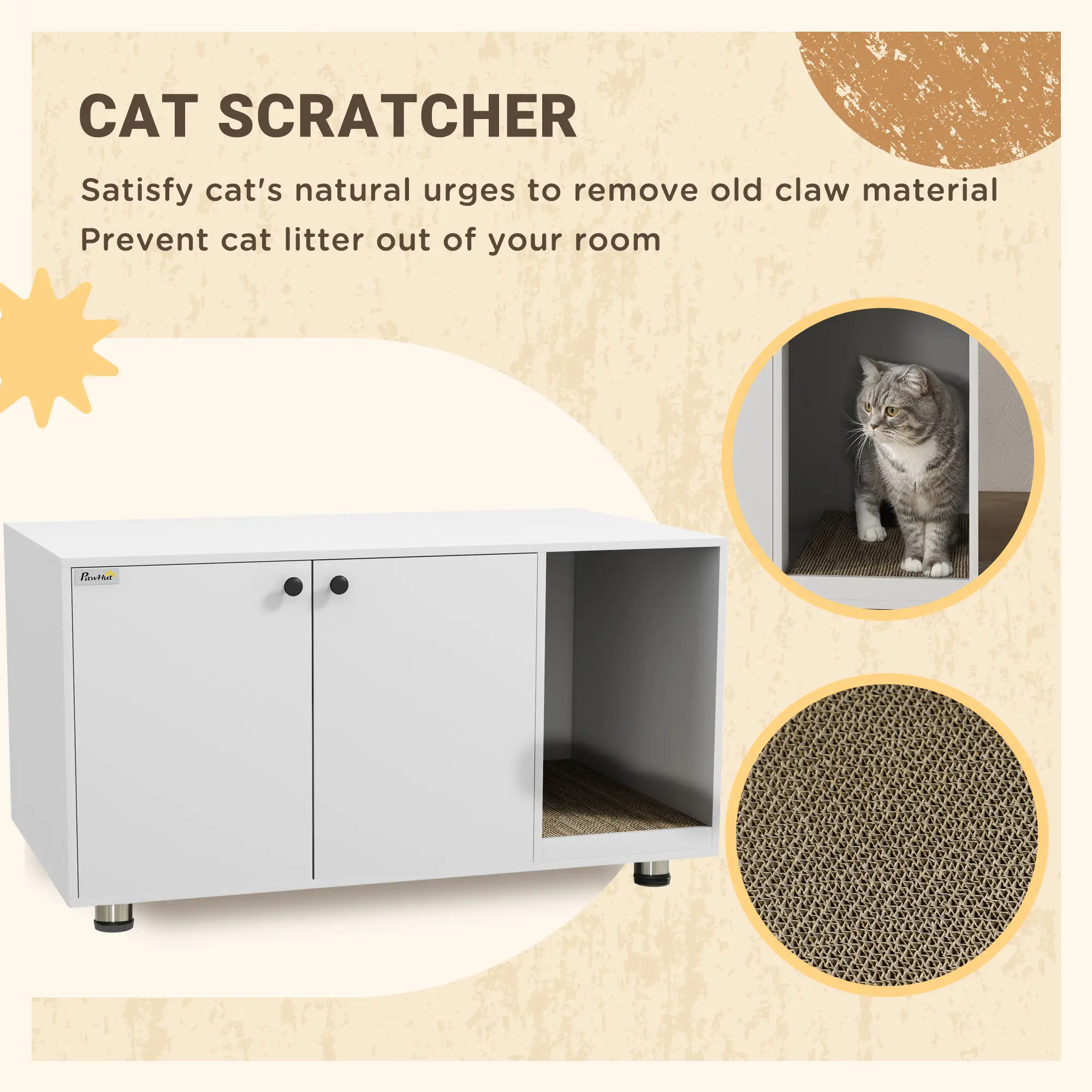 Hidden Cat Litter Box Furniture, Double Doors, Scratching Pad, White - Image 6