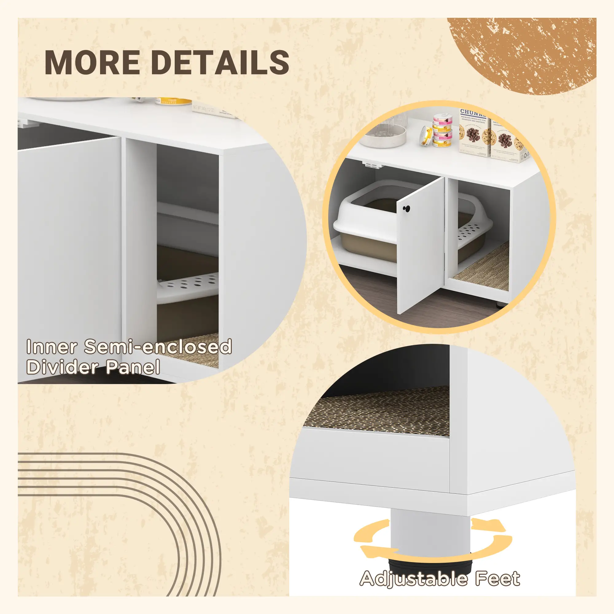 Hidden Cat Litter Box Furniture, Double Doors, Scratching Pad, White - Image 7