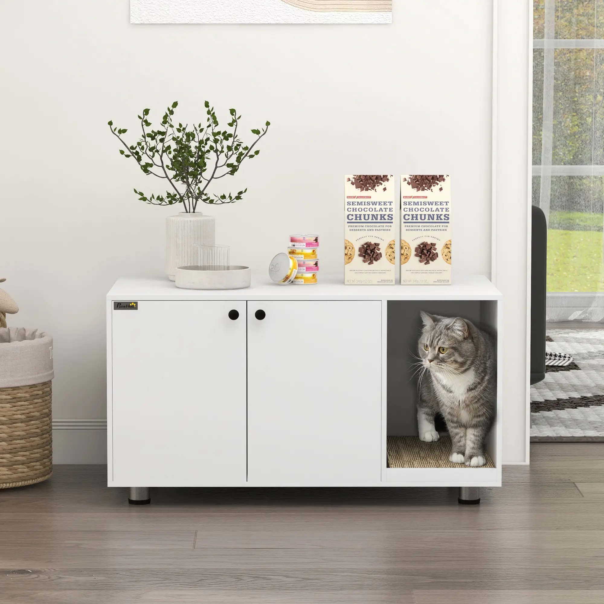 Hidden Cat Litter Box Furniture, Double Doors, Scratching Pad, White - Image 8