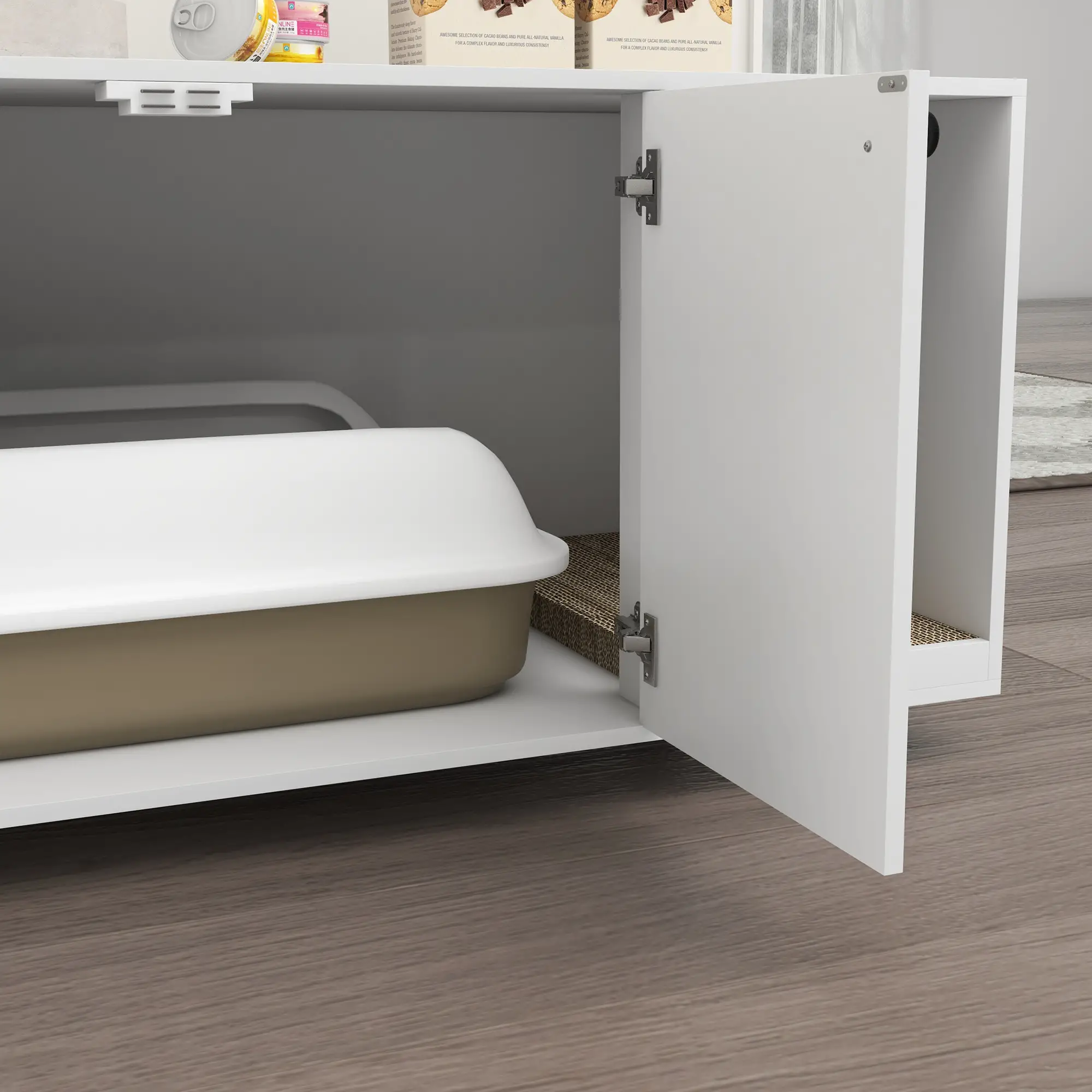 Hidden Cat Litter Box Furniture, Double Doors, Scratching Pad, White - Image 9