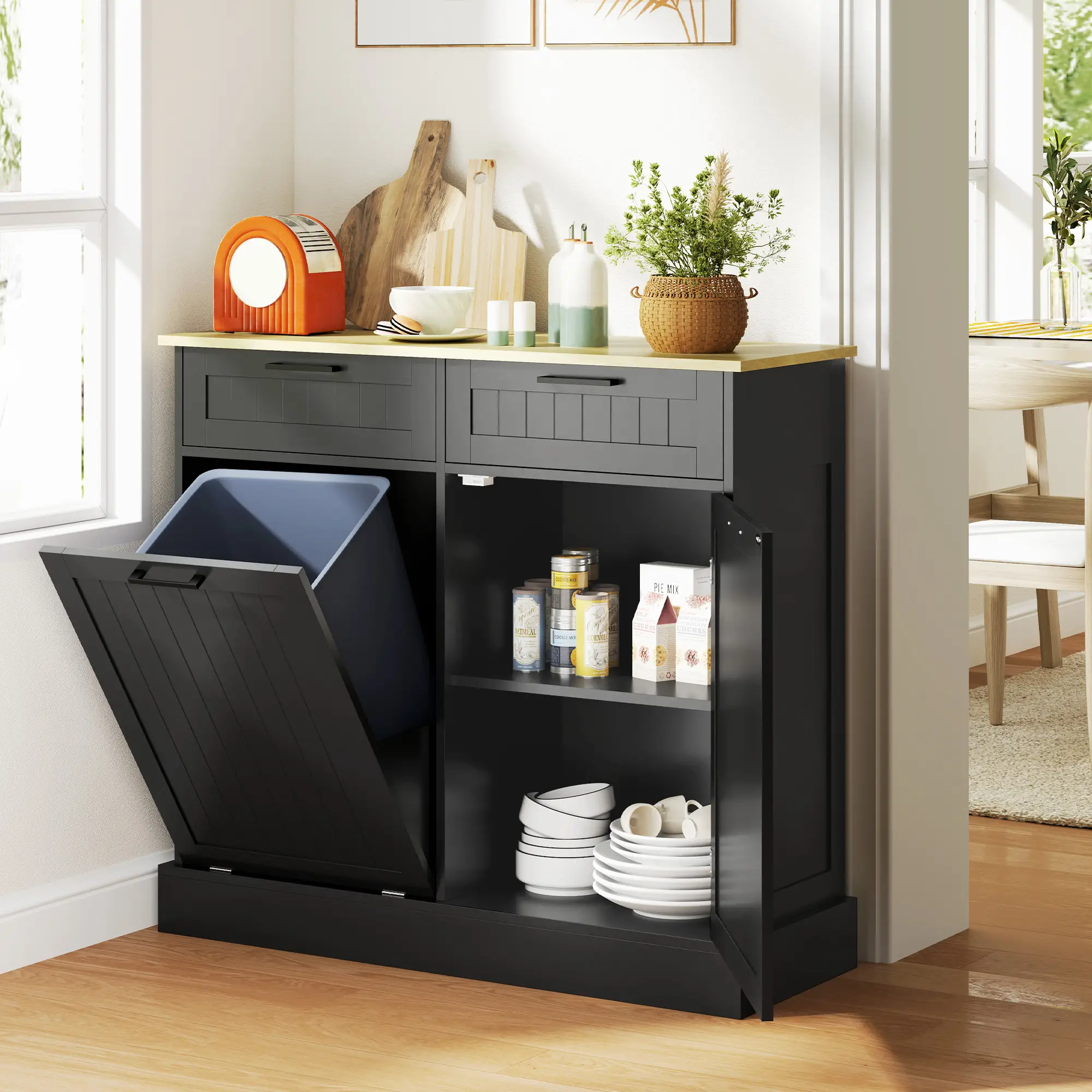 Hidden Garbage Bin Cabinet, Tilt Out Trash, 2 Drawers, Freestanding, Black - Image 2