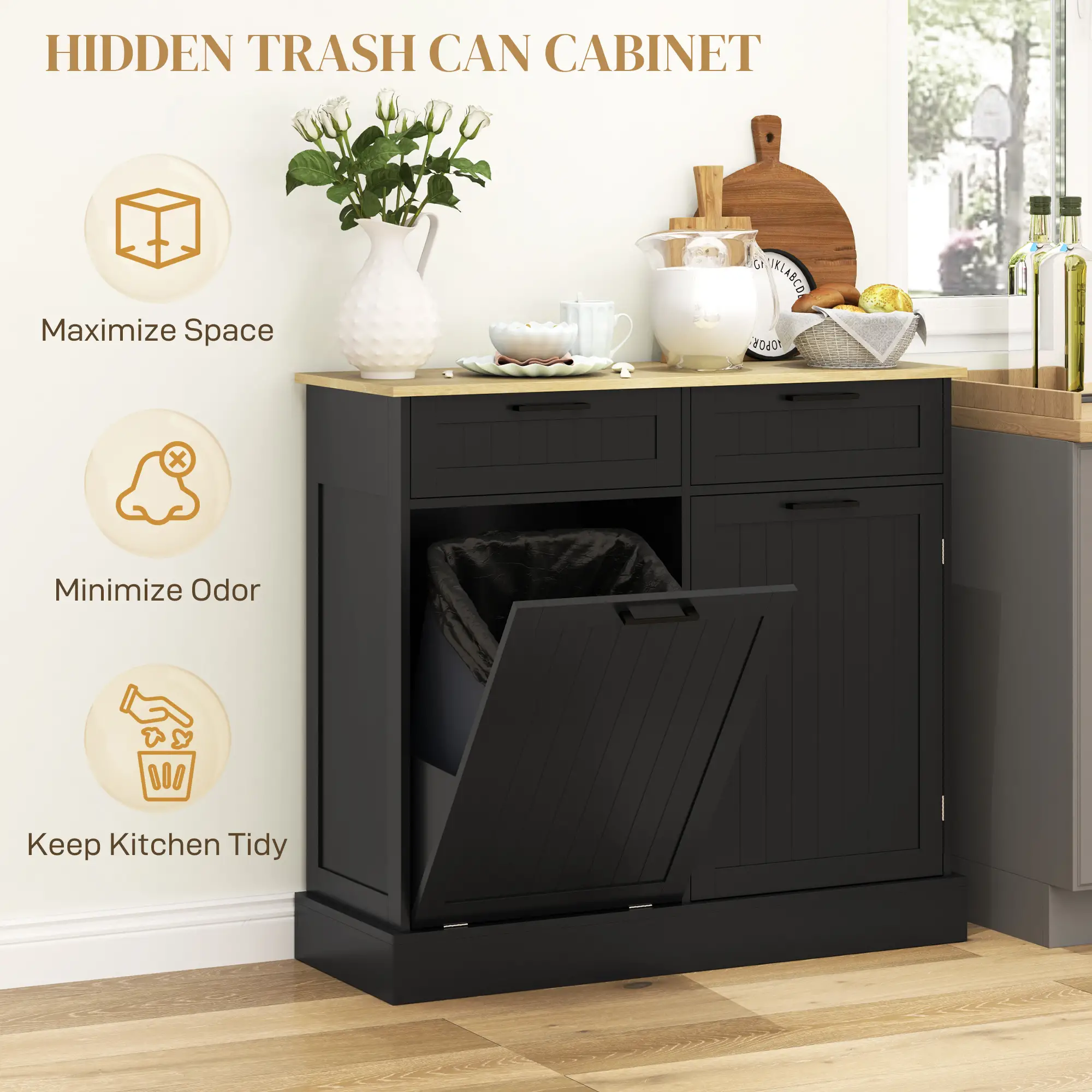 Hidden Garbage Bin Cabinet, Tilt Out Trash, 2 Drawers, Freestanding, Black - Image 4