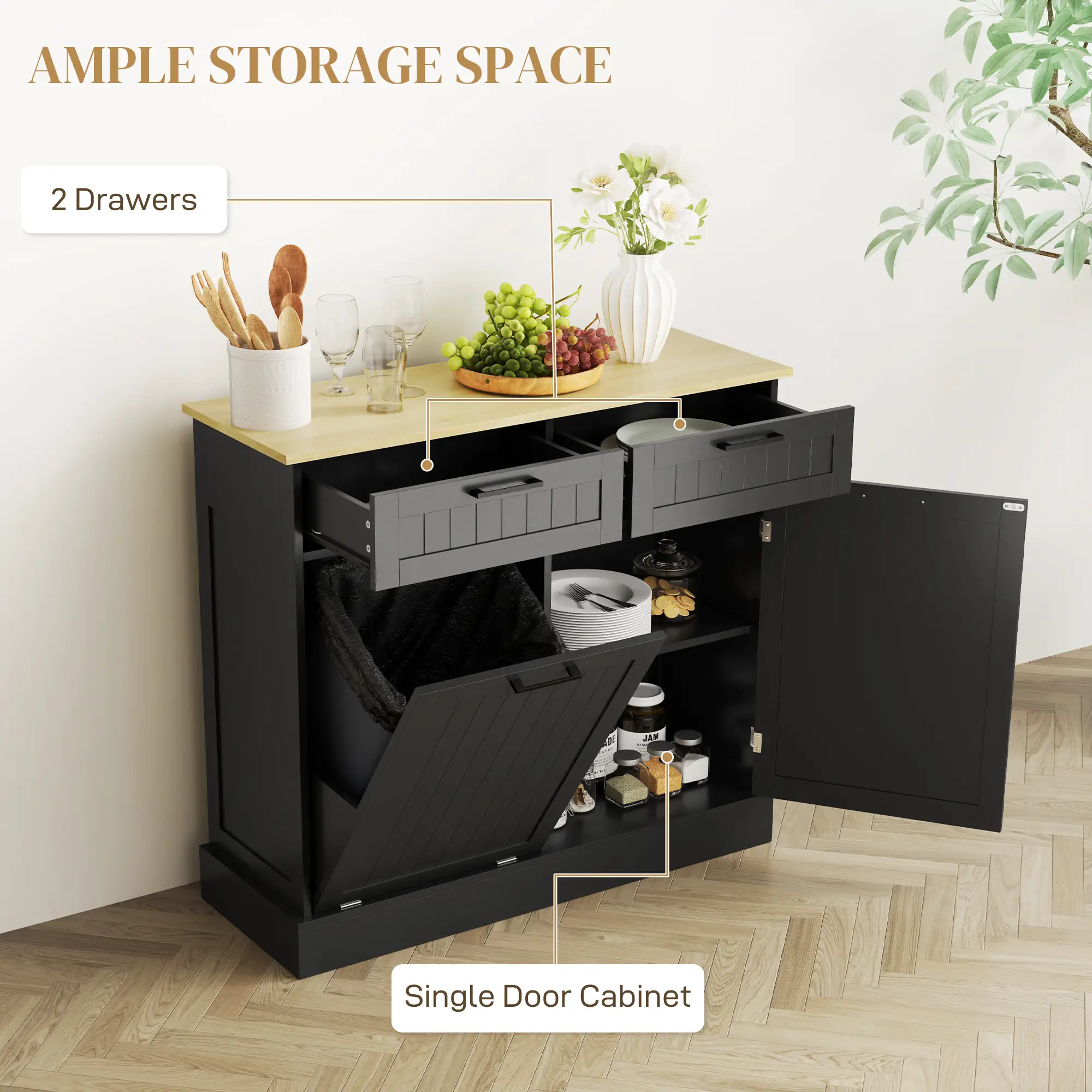 Hidden Garbage Bin Cabinet, Tilt Out Trash, 2 Drawers, Freestanding, Black - Image 6