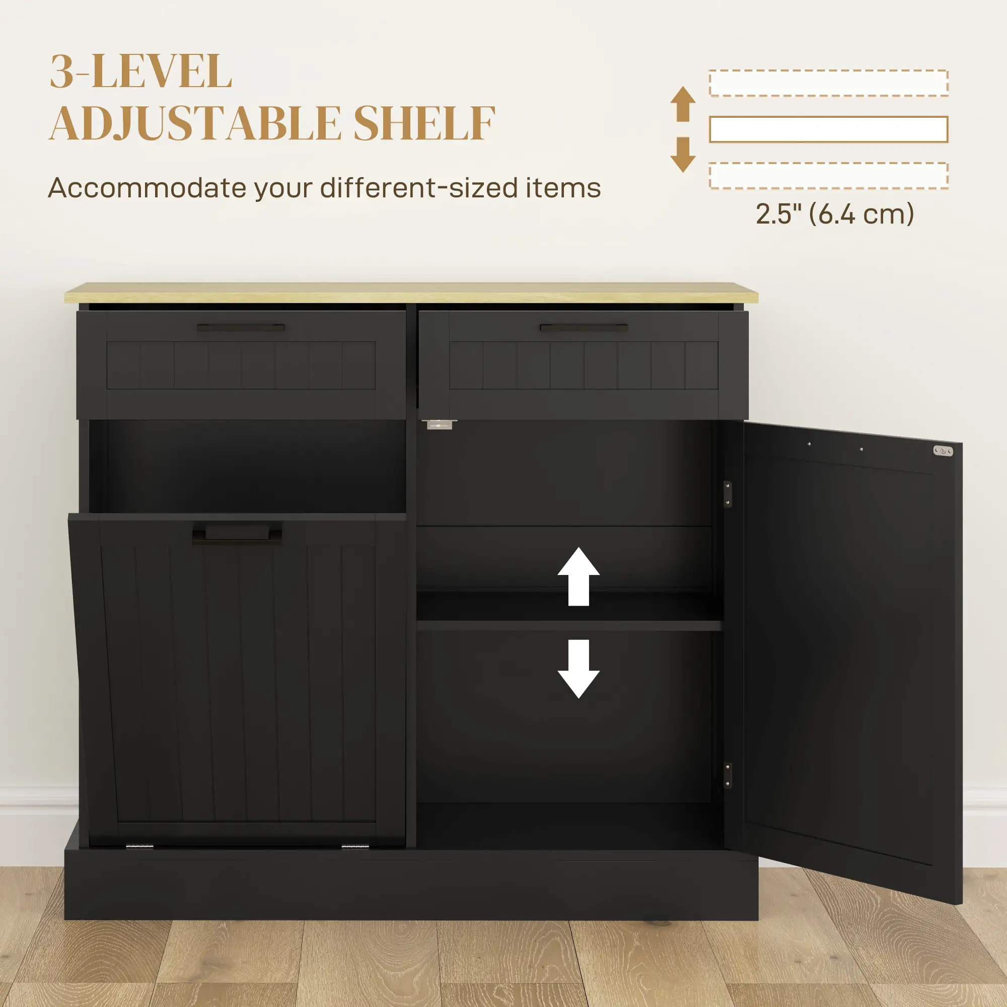 Hidden Garbage Bin Cabinet, Tilt Out Trash, 2 Drawers, Freestanding, Black - Image 7