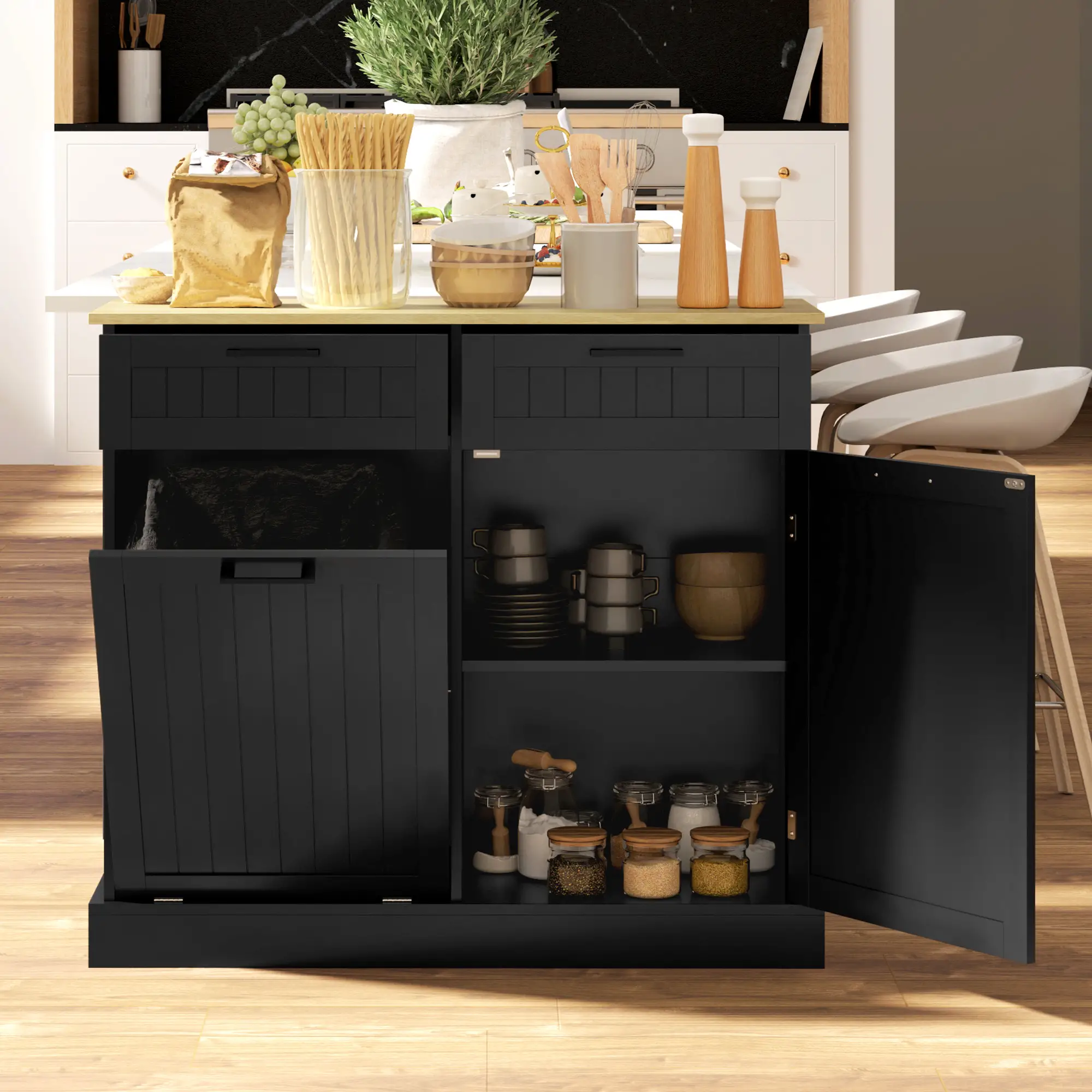 Hidden Garbage Bin Cabinet, Tilt Out Trash, 2 Drawers, Freestanding, Black - Image 8
