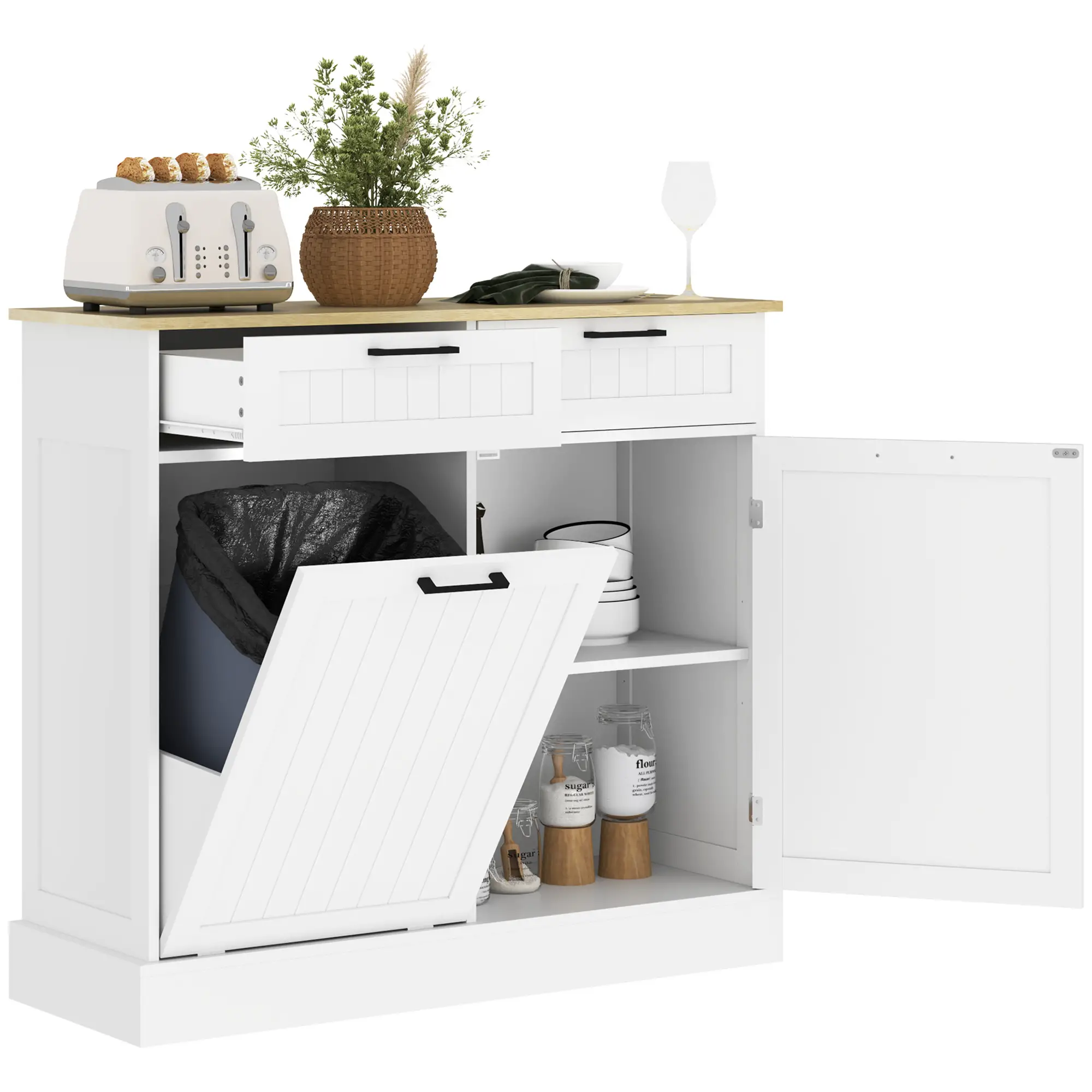 Hidden Garbage Bin Cabinet, Tilt Out Trash, 2 Drawers, White