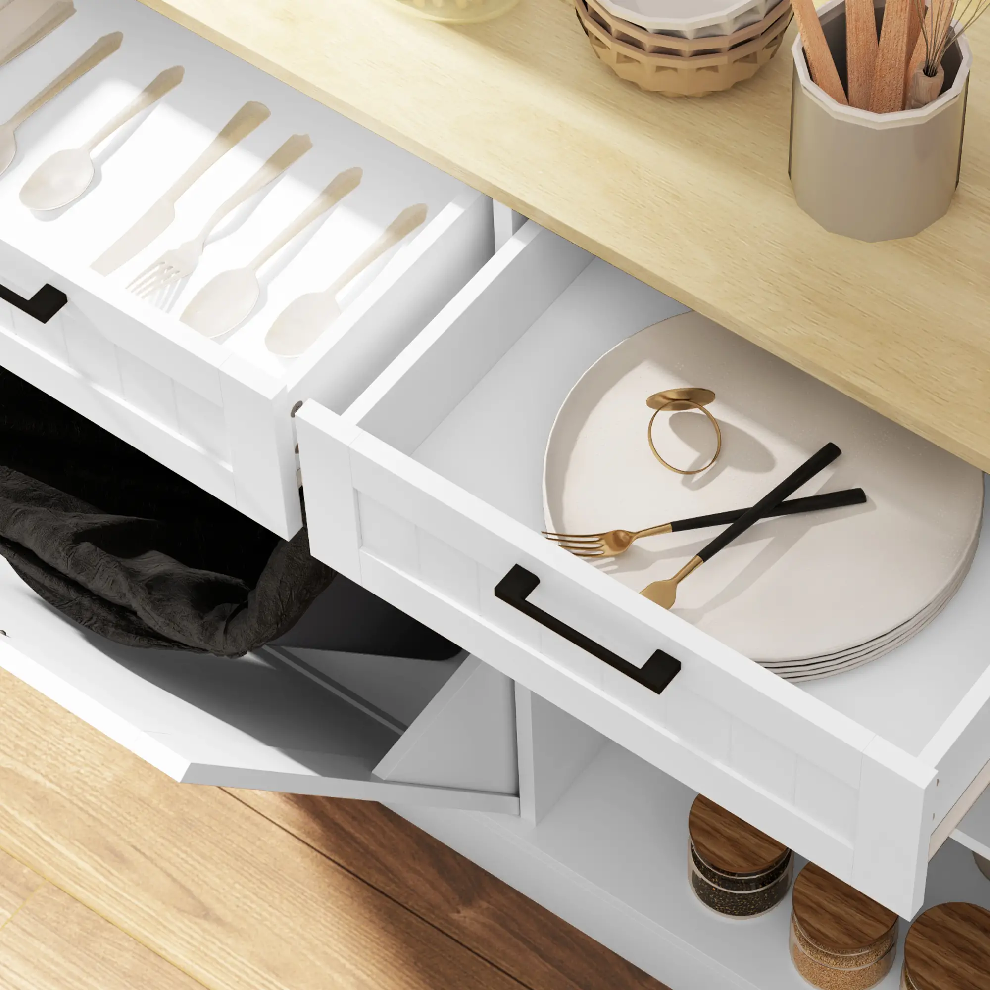 Hidden Garbage Bin Cabinet, Tilt Out Trash, 2 Drawers, White - Image 10