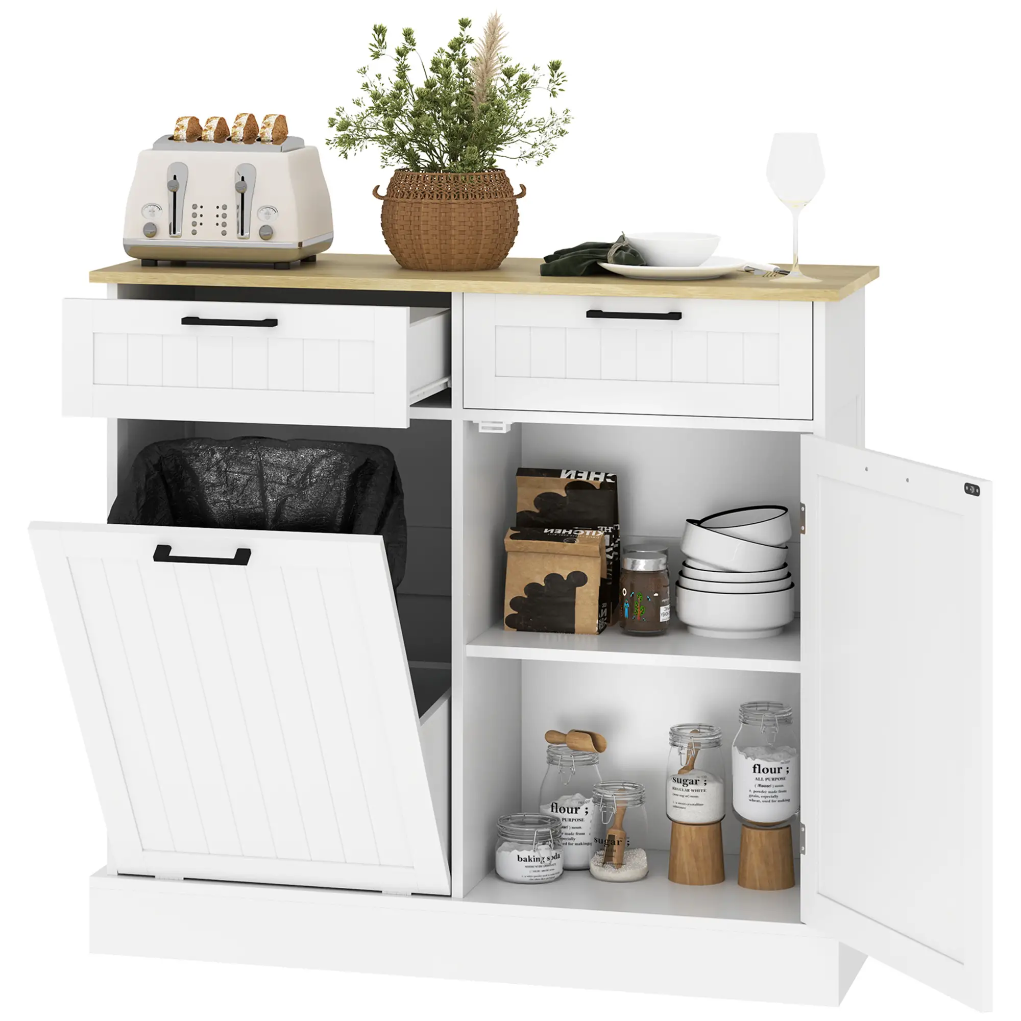 Hidden Garbage Bin Cabinet, Tilt Out Trash, 2 Drawers, White - Image 11