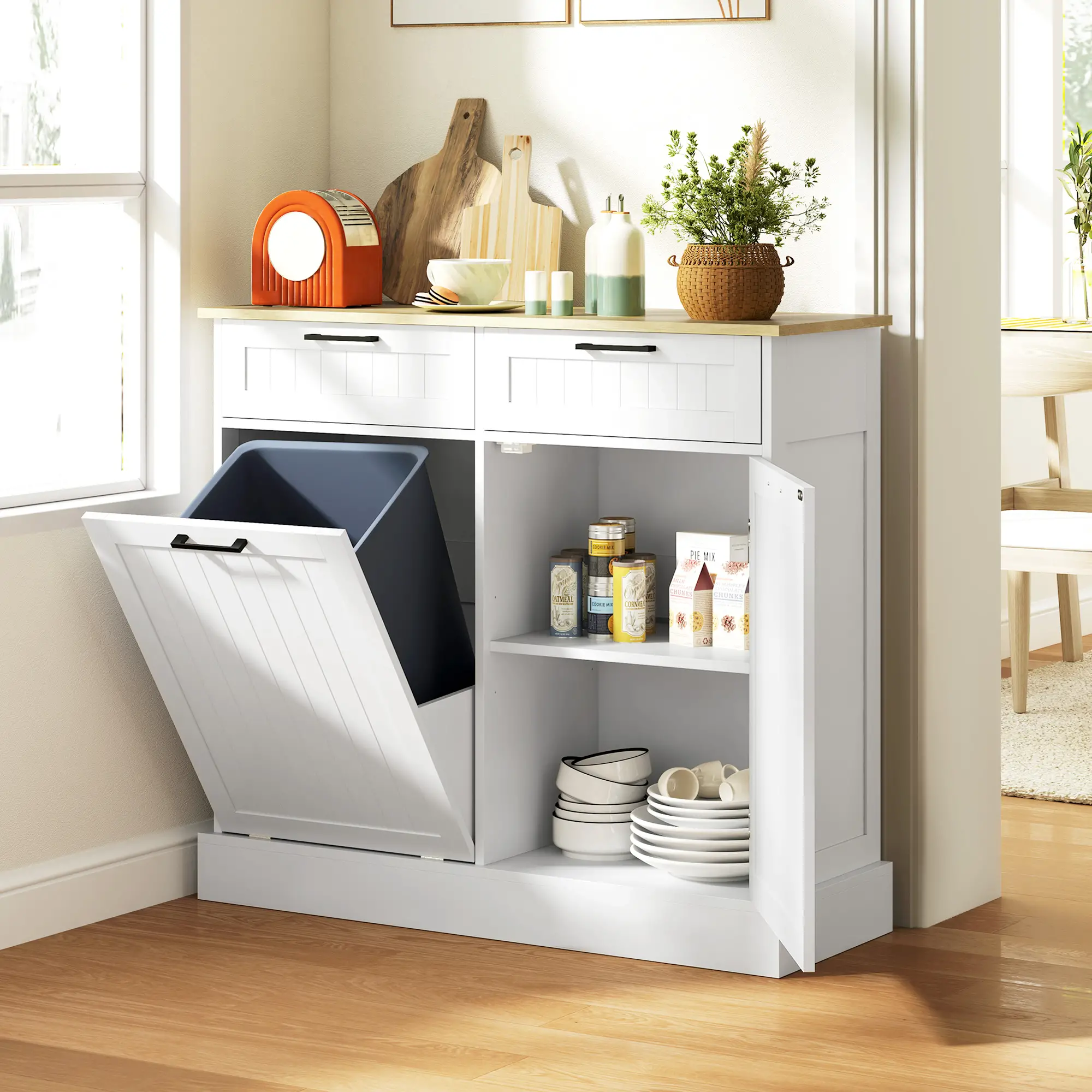 Hidden Garbage Bin Cabinet, Tilt Out Trash, 2 Drawers, White - Image 2