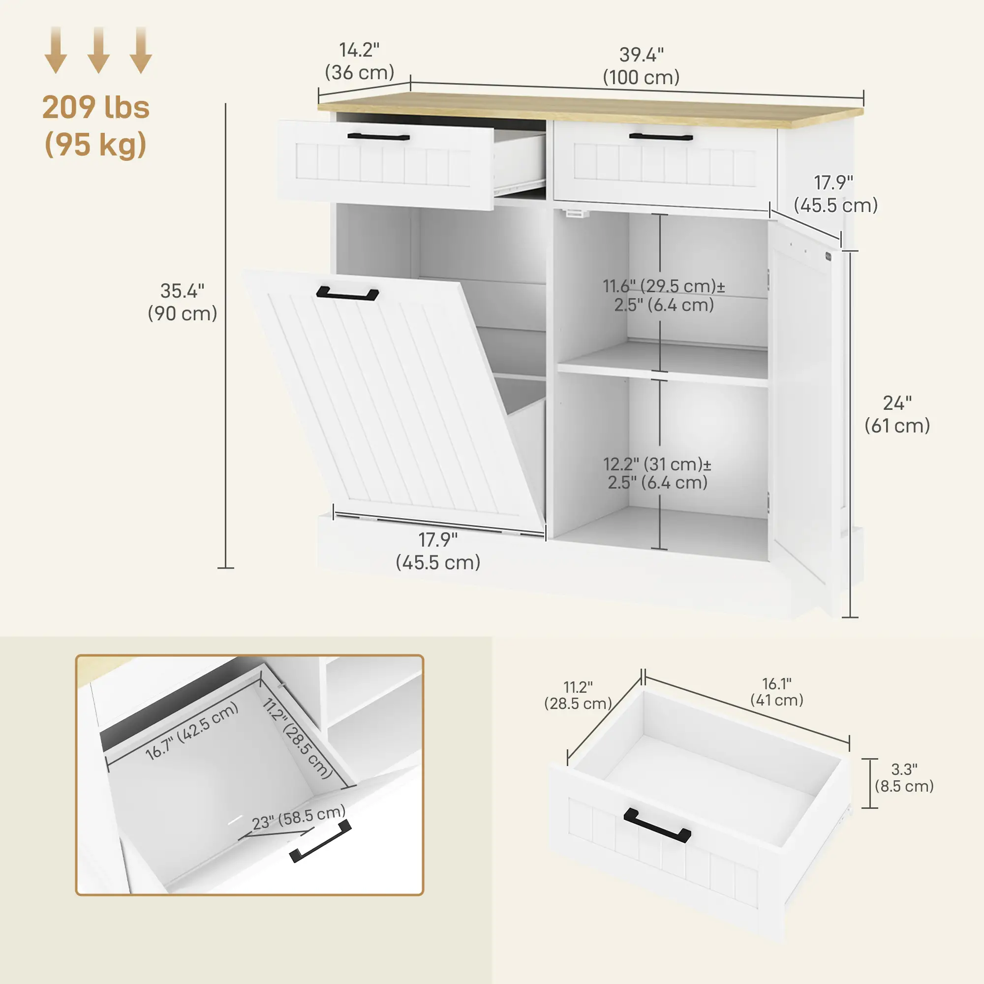Hidden Garbage Bin Cabinet, Tilt Out Trash, 2 Drawers, White - Image 3