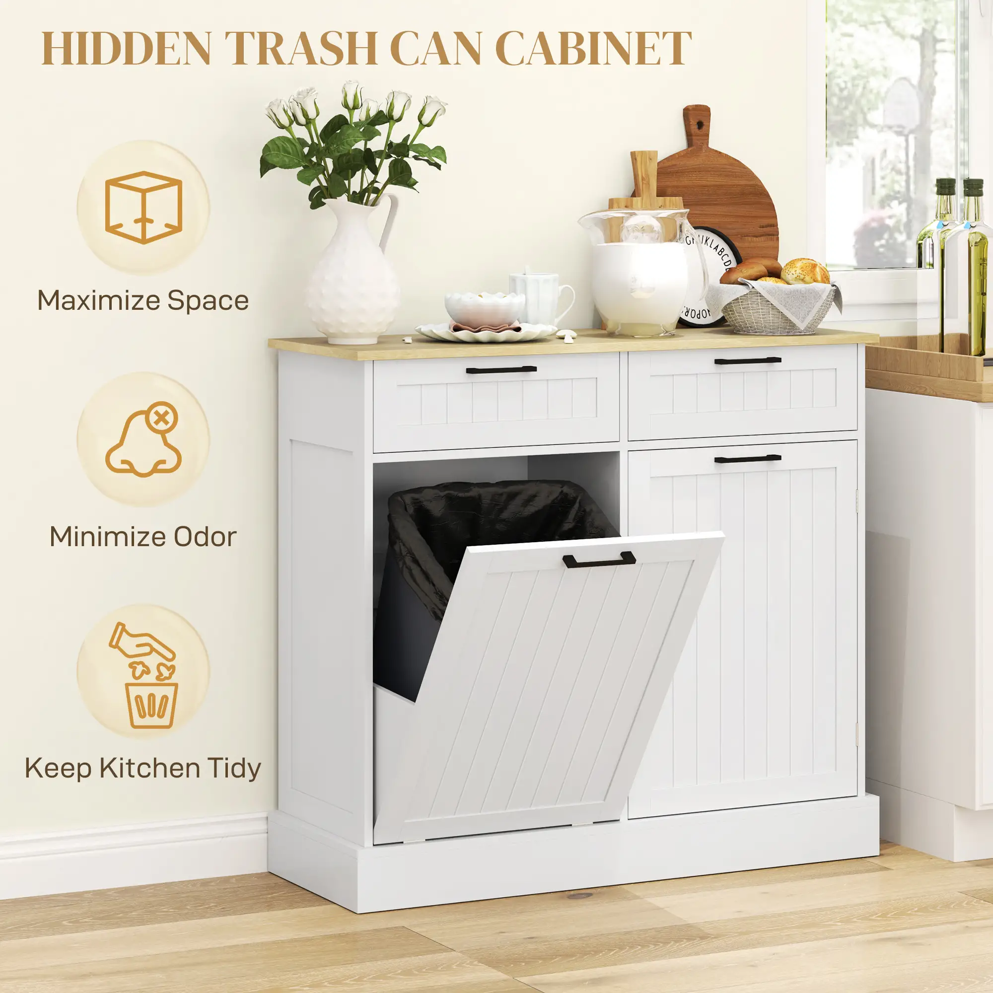 Hidden Garbage Bin Cabinet, Tilt Out Trash, 2 Drawers, White - Image 4