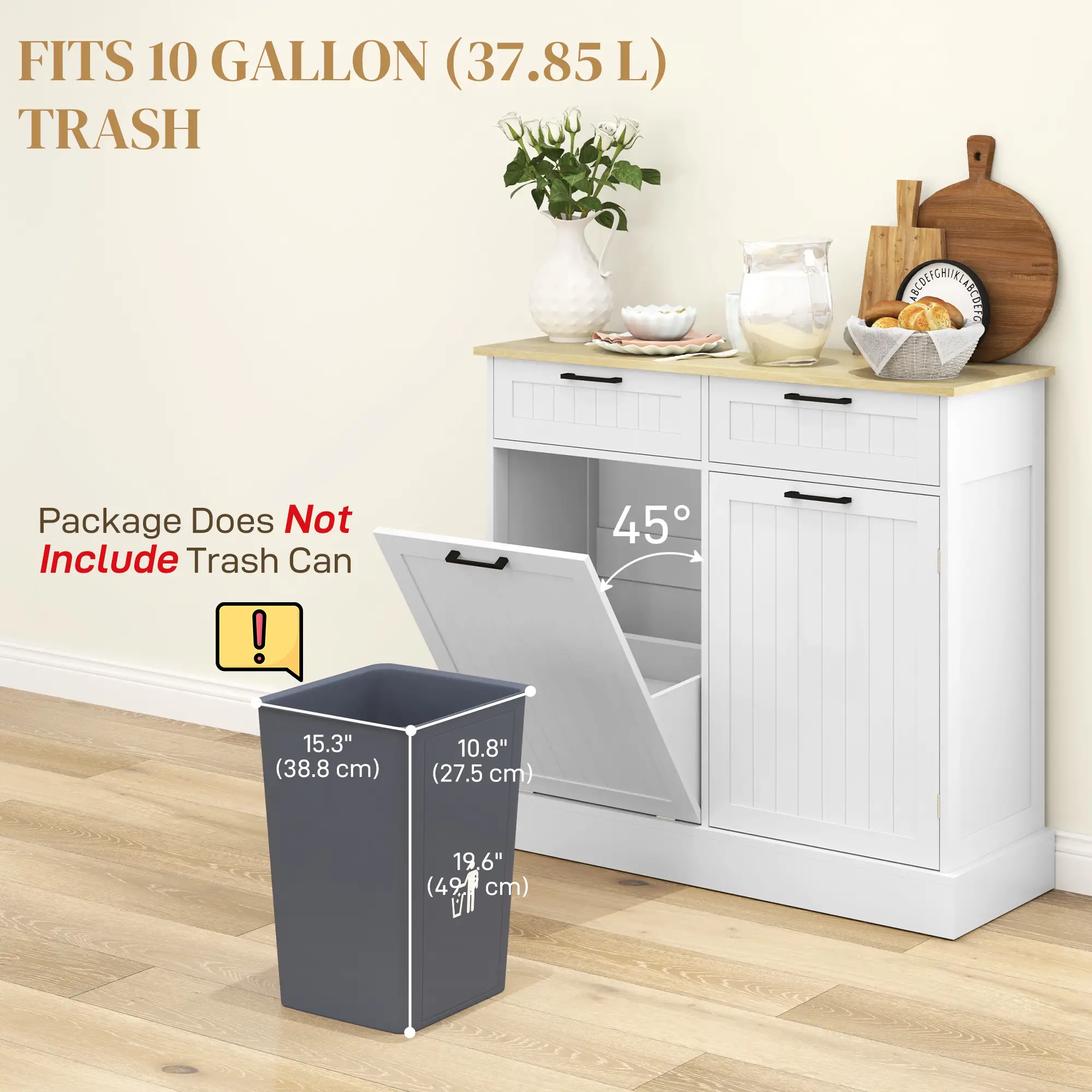 Hidden Garbage Bin Cabinet, Tilt Out Trash, 2 Drawers, White - Image 5