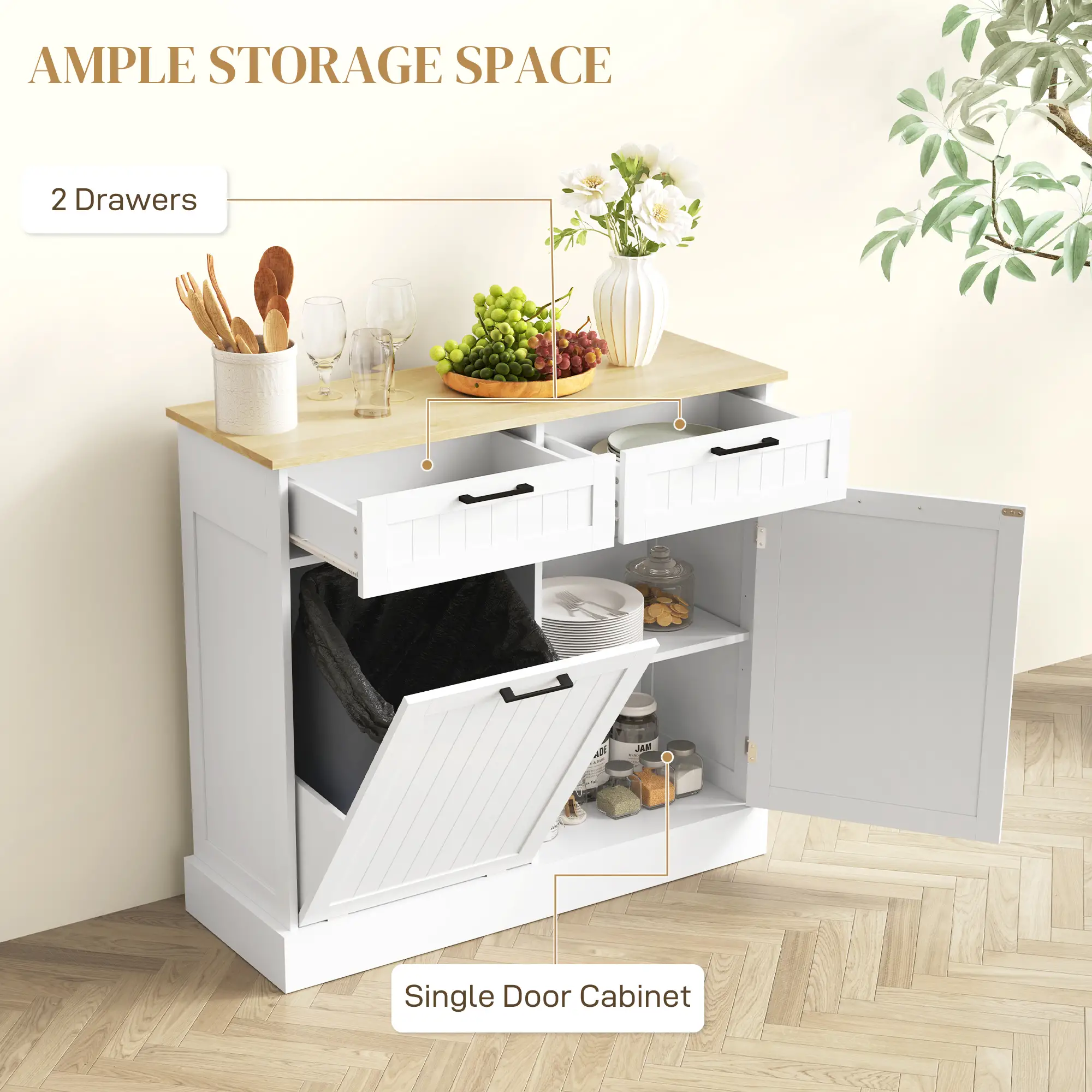 Hidden Garbage Bin Cabinet, Tilt Out Trash, 2 Drawers, White - Image 6