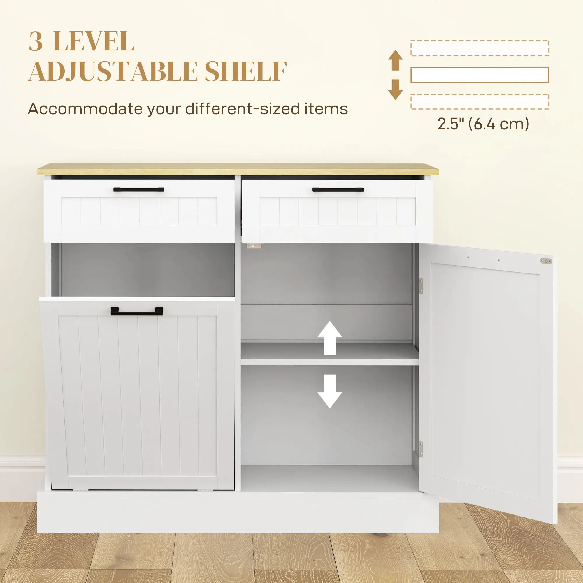 Hidden Garbage Bin Cabinet, Tilt Out Trash, 2 Drawers, White - Image 7