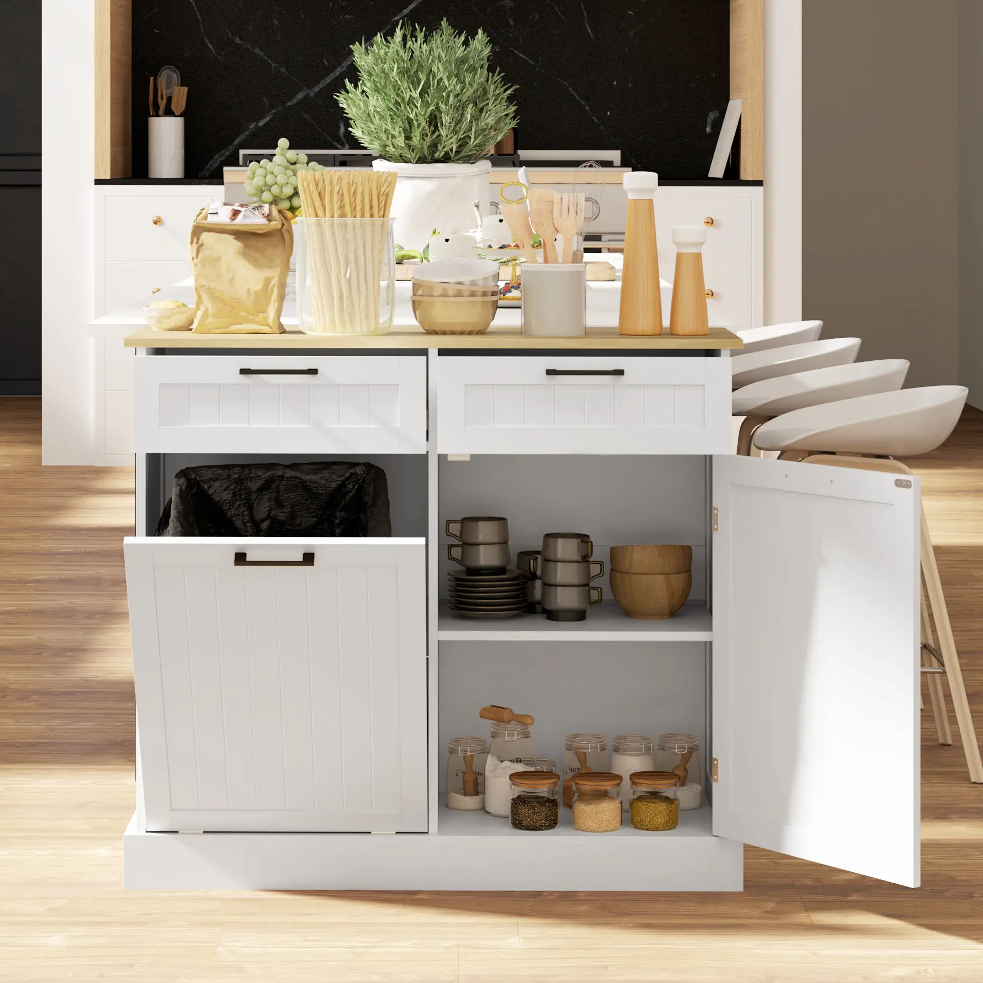 Hidden Garbage Bin Cabinet, Tilt Out Trash, 2 Drawers, White - Image 8