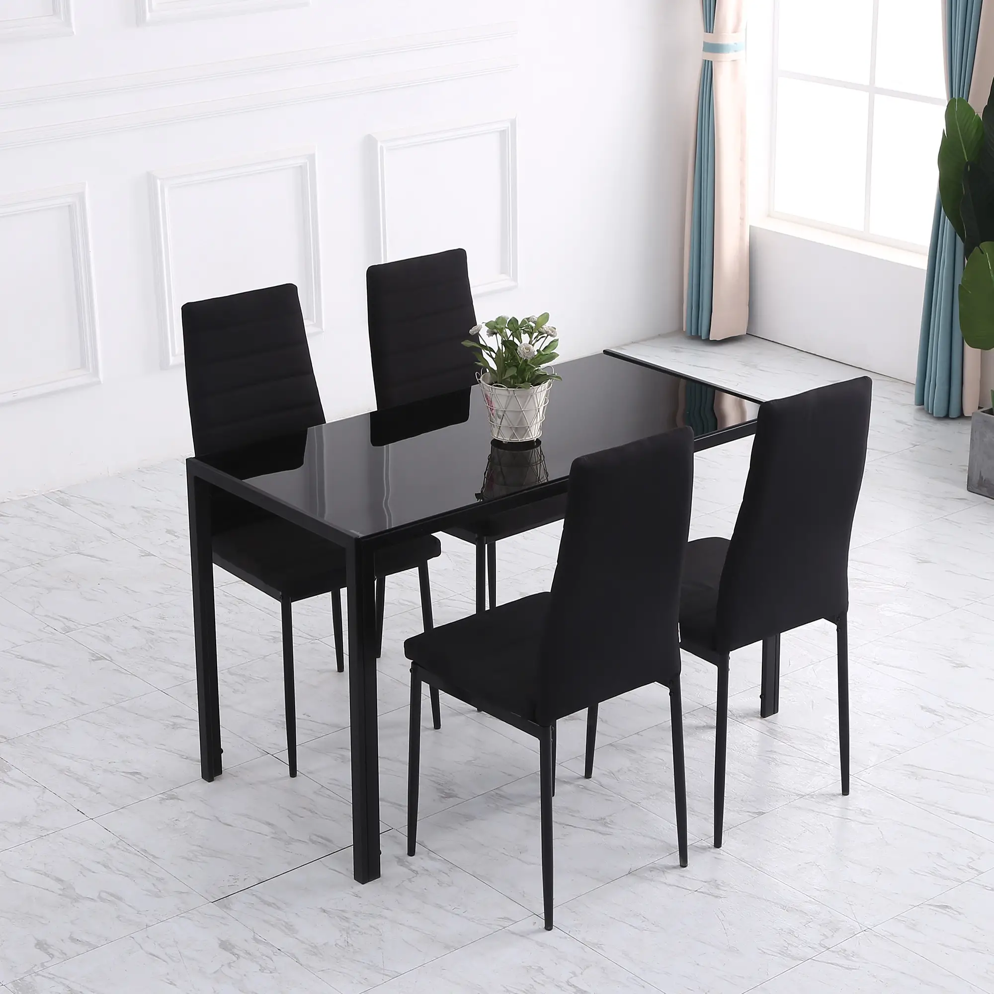 High Back Dining Chairs, Upholstered Linen Fabric, Metal Legs, Set of 4, Black - Image 6