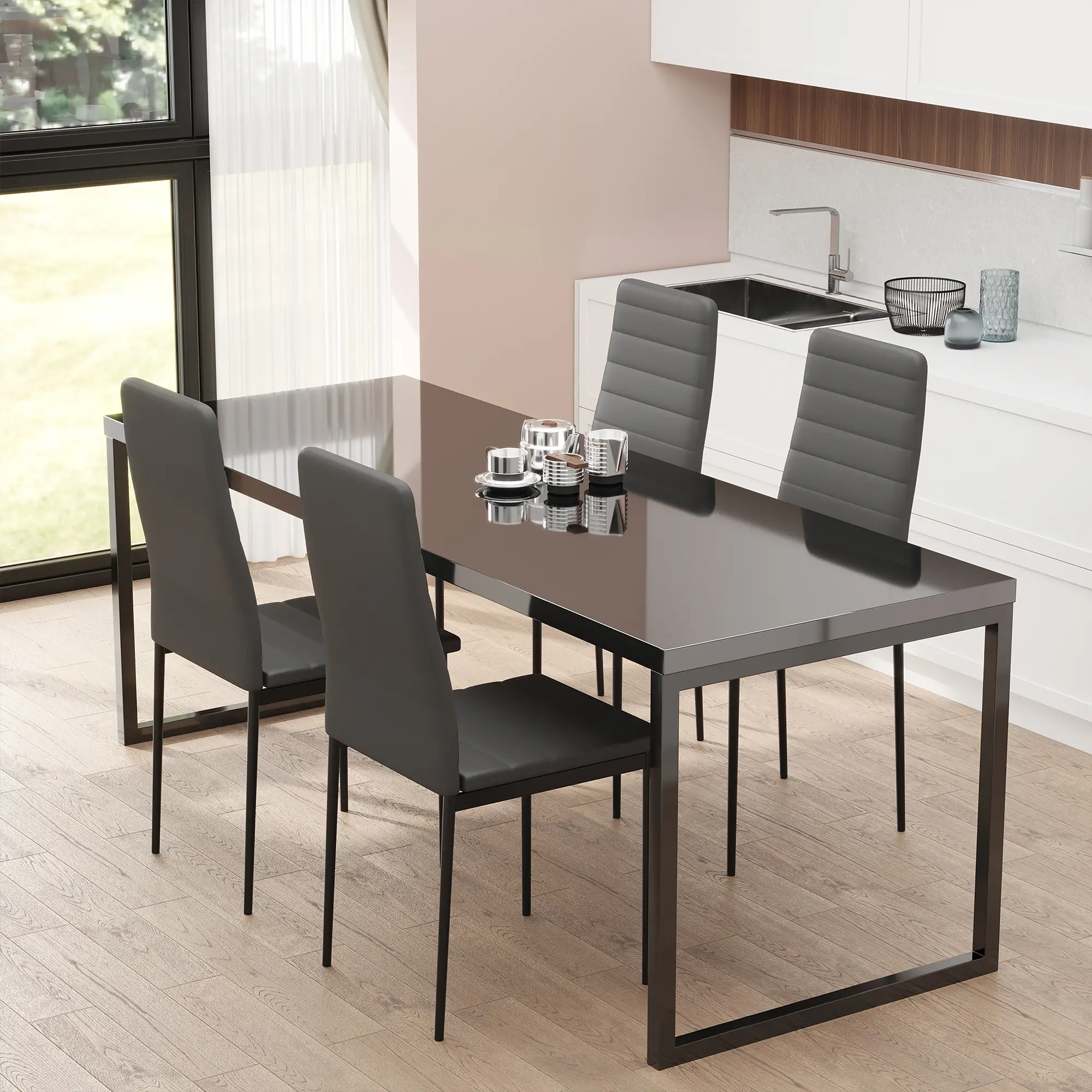 High Back Dining Chairs, Upholstered Linen Fabric, Metal Legs, Set of 4, Black - Image 8