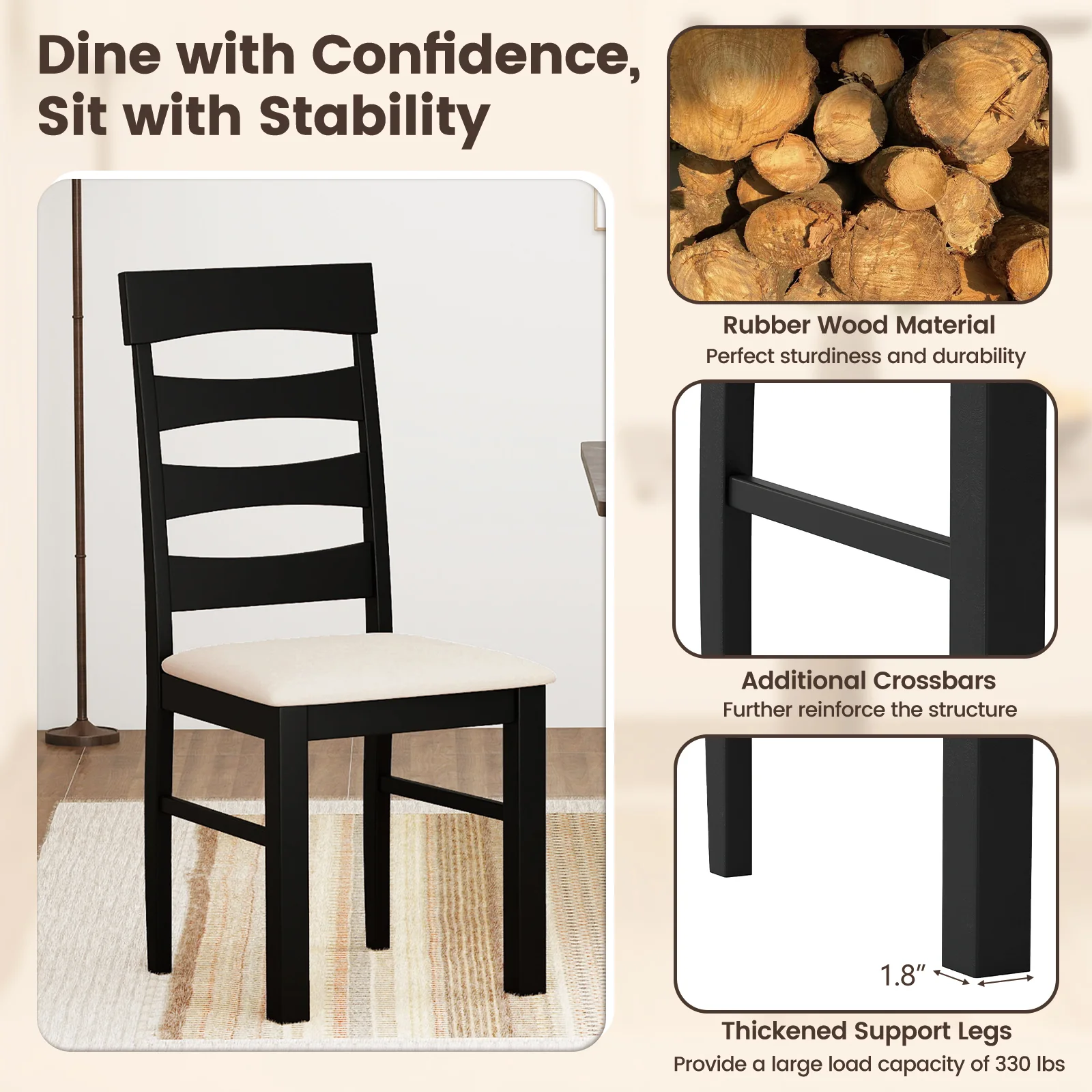 High Back Dining Room Chairs Set of 2 with Padded Seat, Black - Image 6