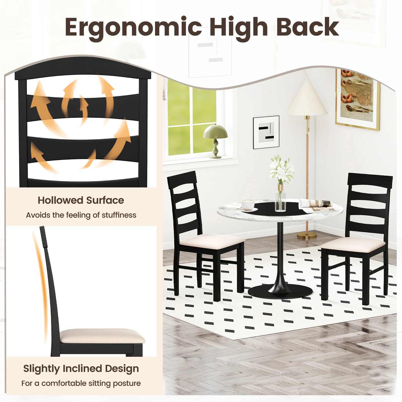 High Back Dining Room Chairs Set of 2 with Padded Seat, Black - Image 7