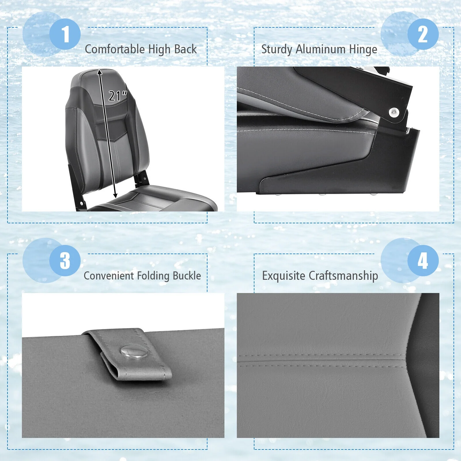 High Back Folding Boat Seat, Sponge Cushion, Flexible Hinges, 1 Piece, Black - Image 10