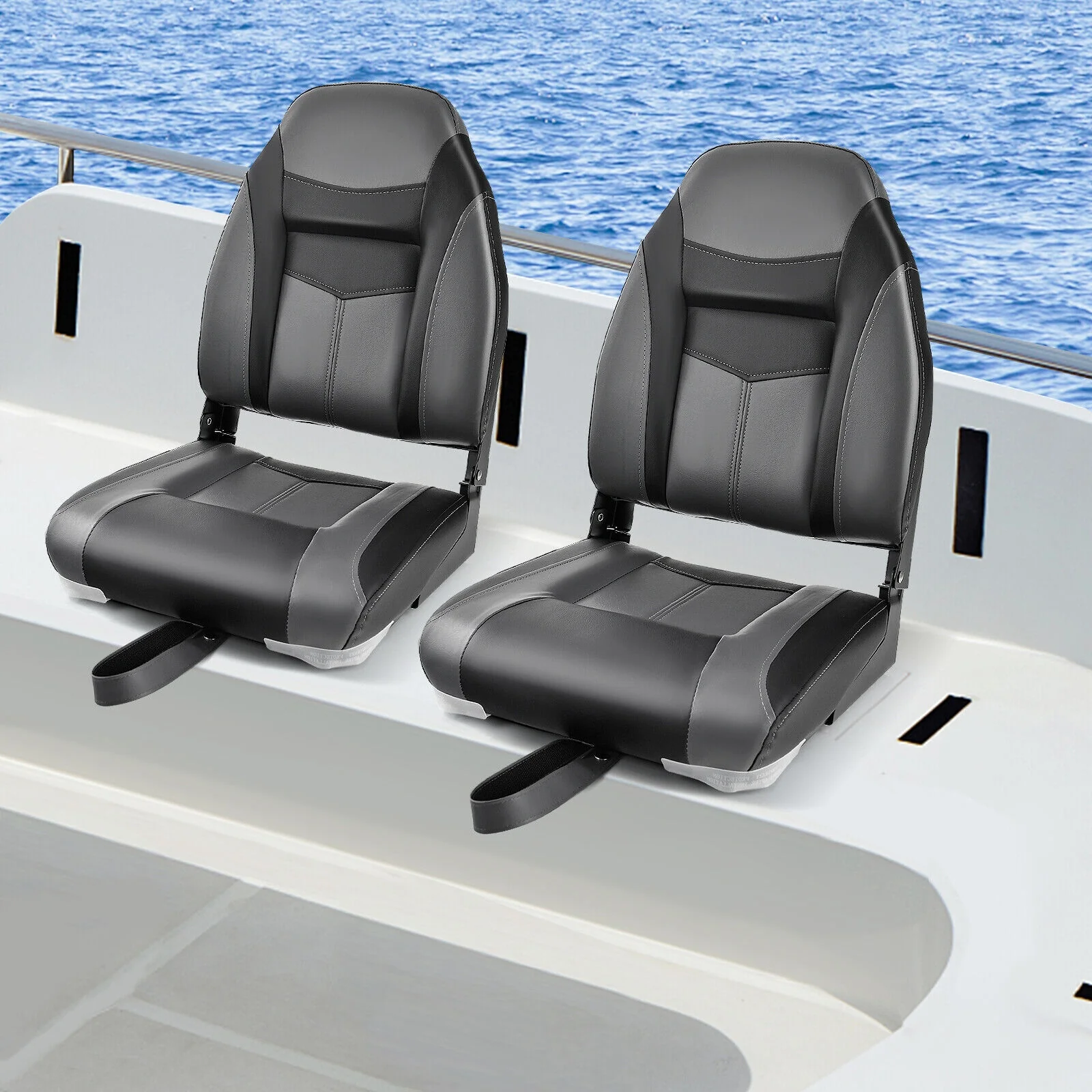 High Back Folding Boat Seat, Sponge Cushion, Flexible Hinges, 1 Piece, Black - Image 2