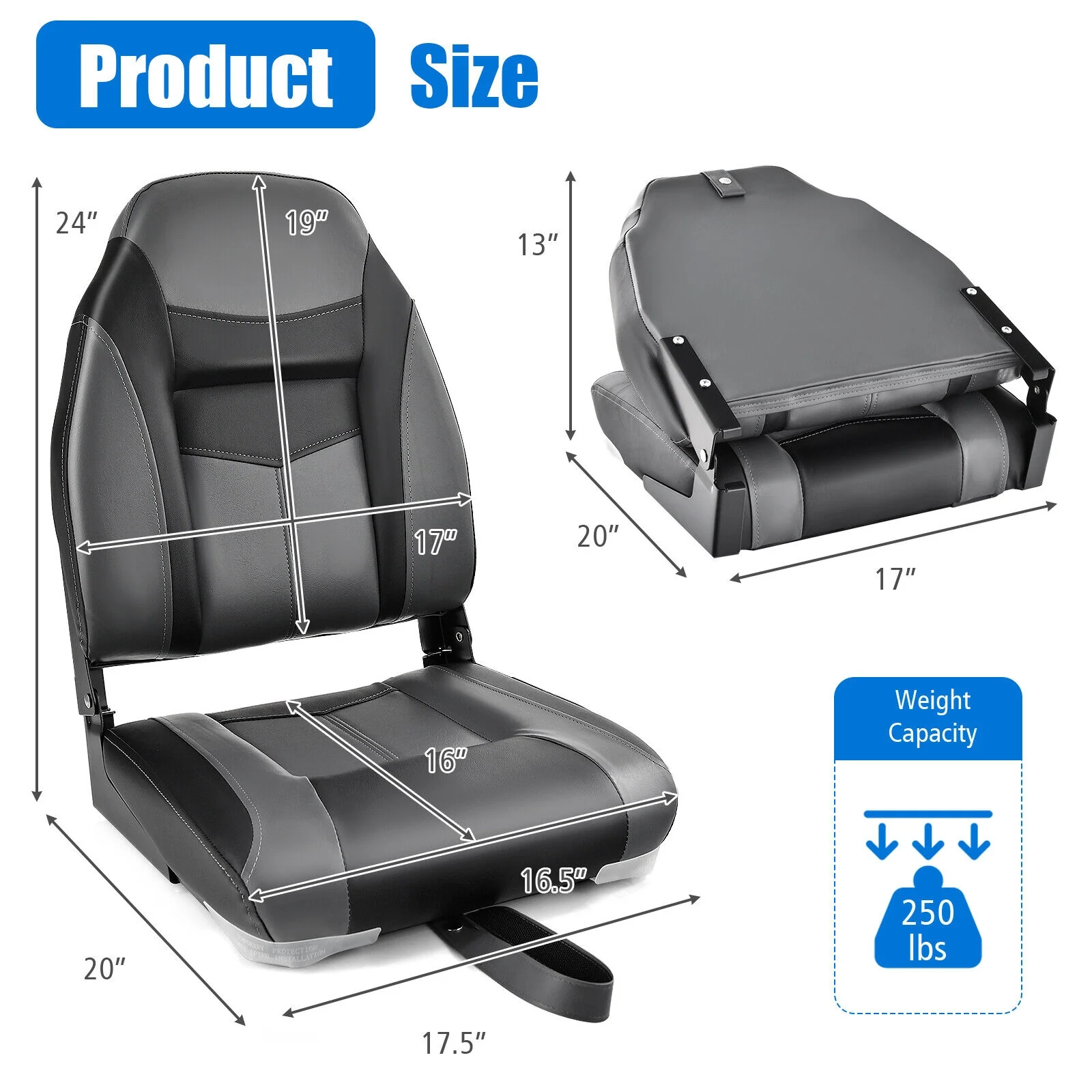 High Back Folding Boat Seat, Sponge Cushion, Flexible Hinges, 1 Piece, Black - Image 4