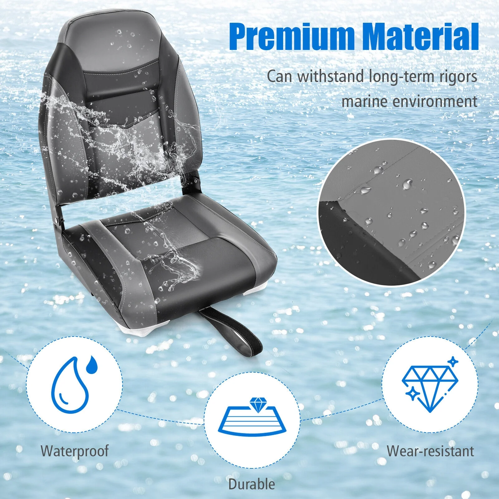High Back Folding Boat Seat, Sponge Cushion, Flexible Hinges, 1 Piece, Black - Image 7