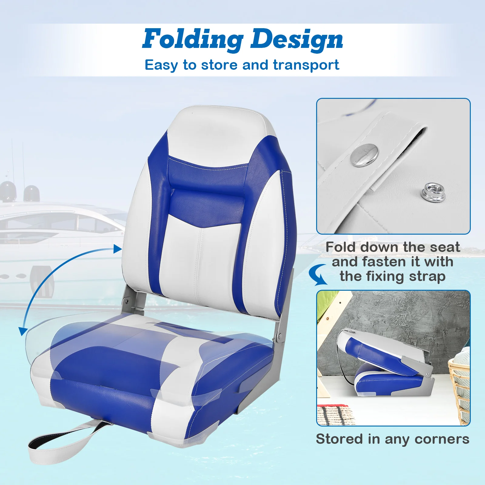 High Back Folding Boat Seat, White Cushion, Blue - Image 10