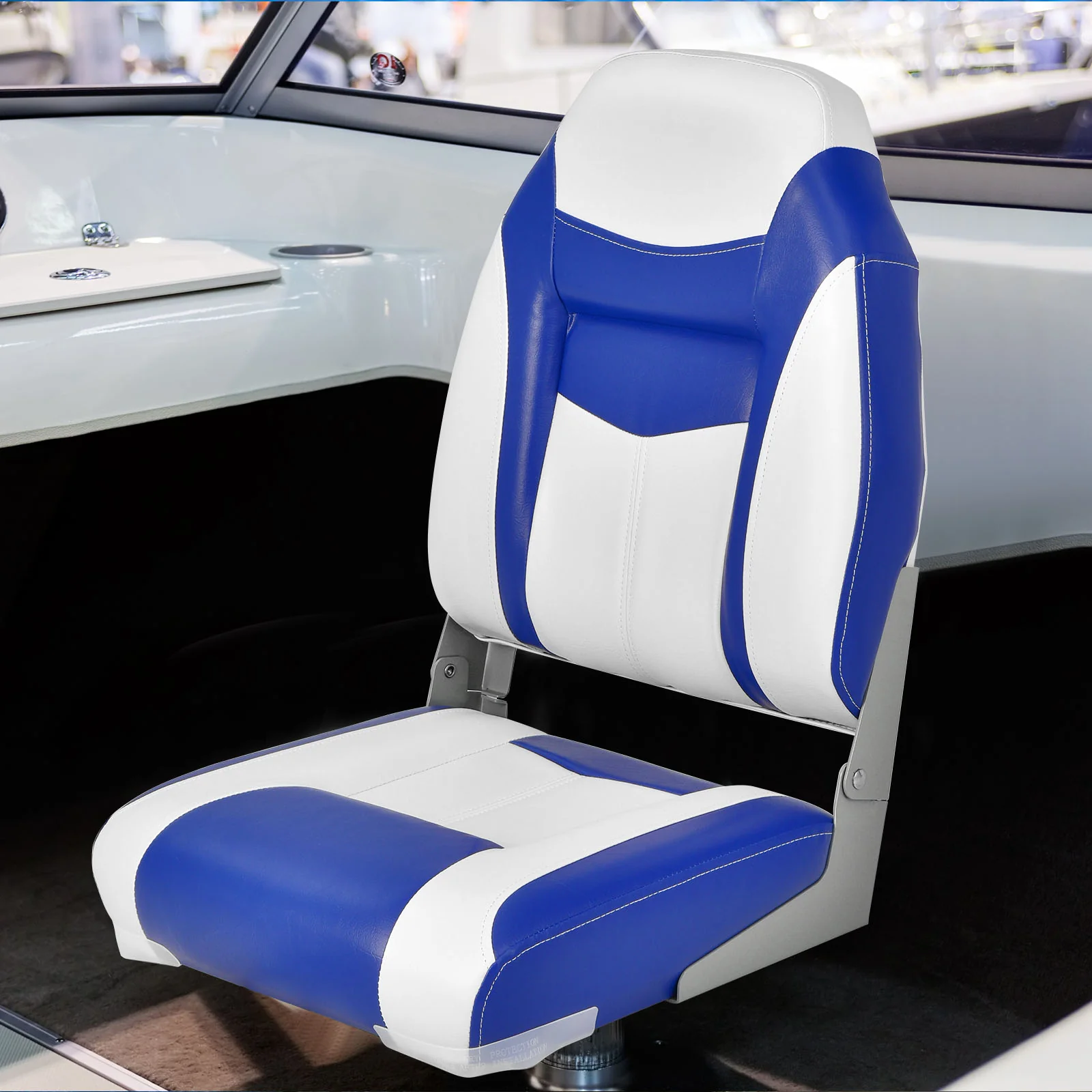 High Back Folding Boat Seat, White Cushion, Blue - Image 2