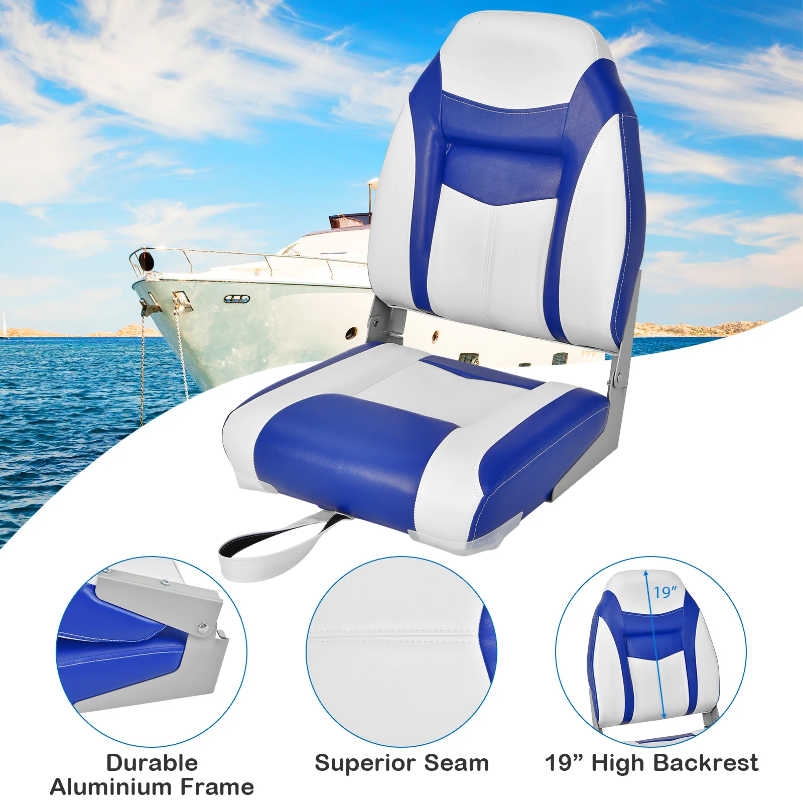 High Back Folding Boat Seat, White Cushion, Blue - Image 6