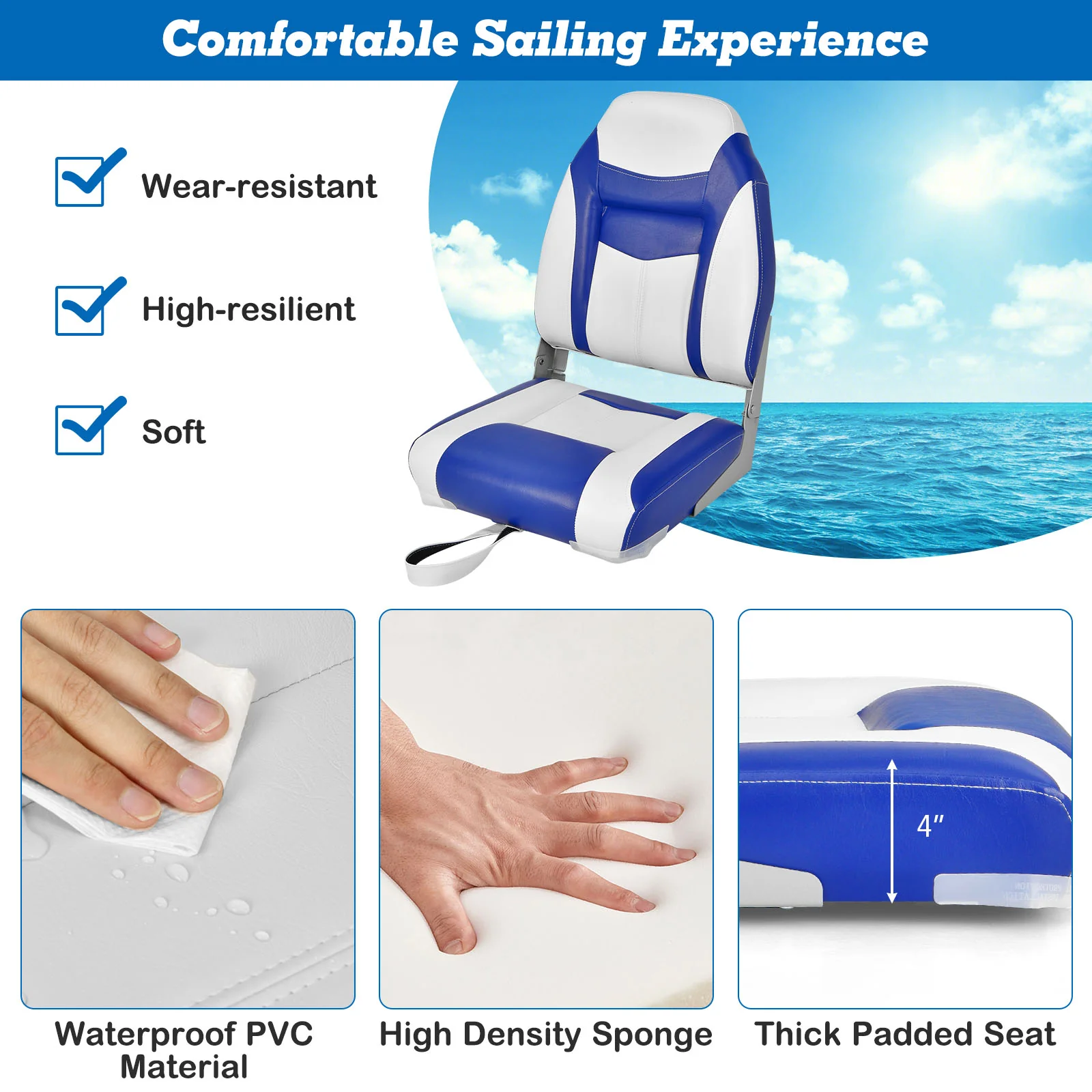 High Back Folding Boat Seat, White Cushion, Blue - Image 7