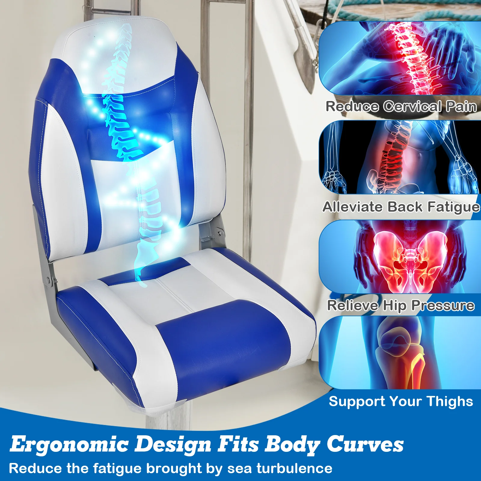 High Back Folding Boat Seat, White Cushion, Blue - Image 9