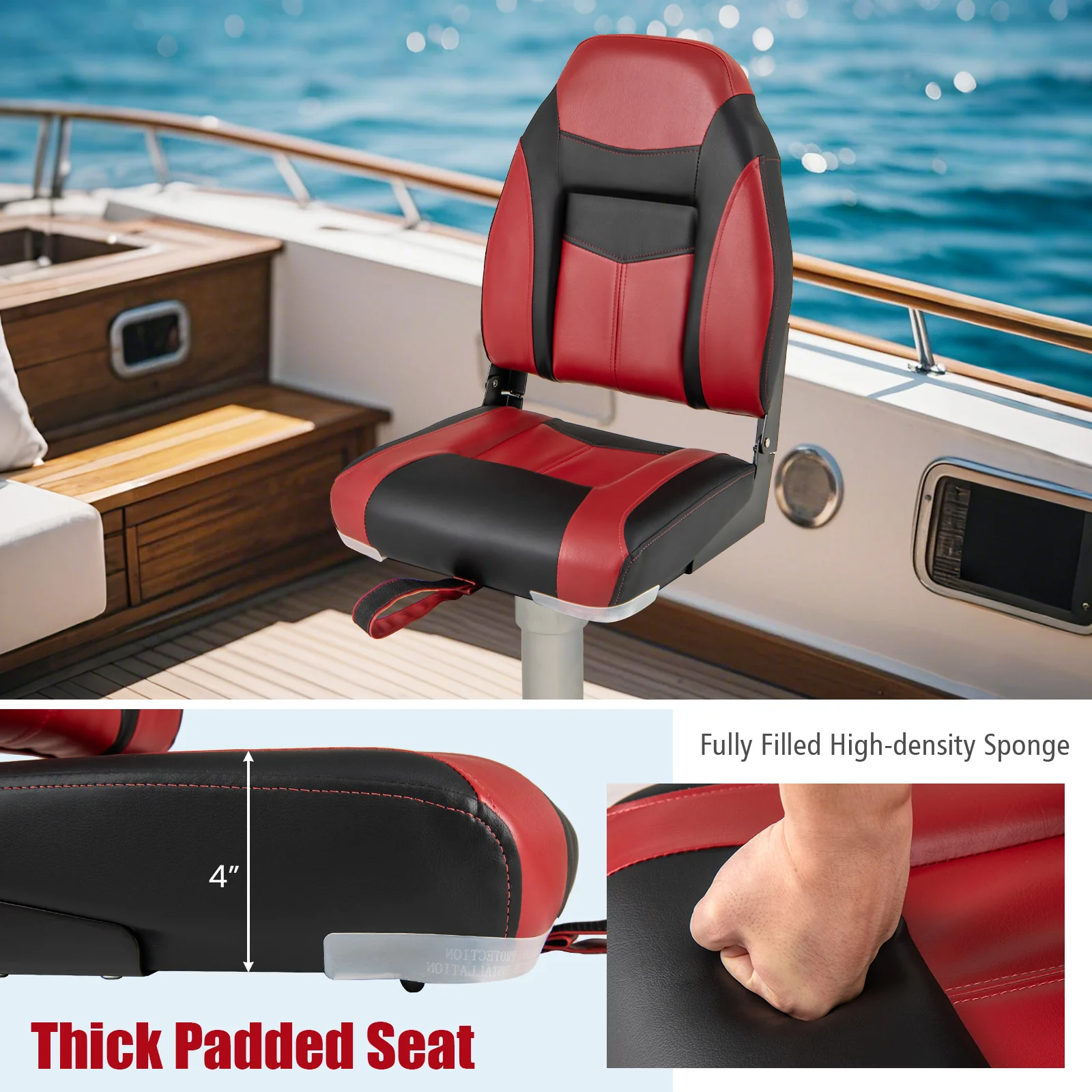 High Back Folding Boat Seats with Sponge Cushions and Flexible Hinges, Red - Image 10