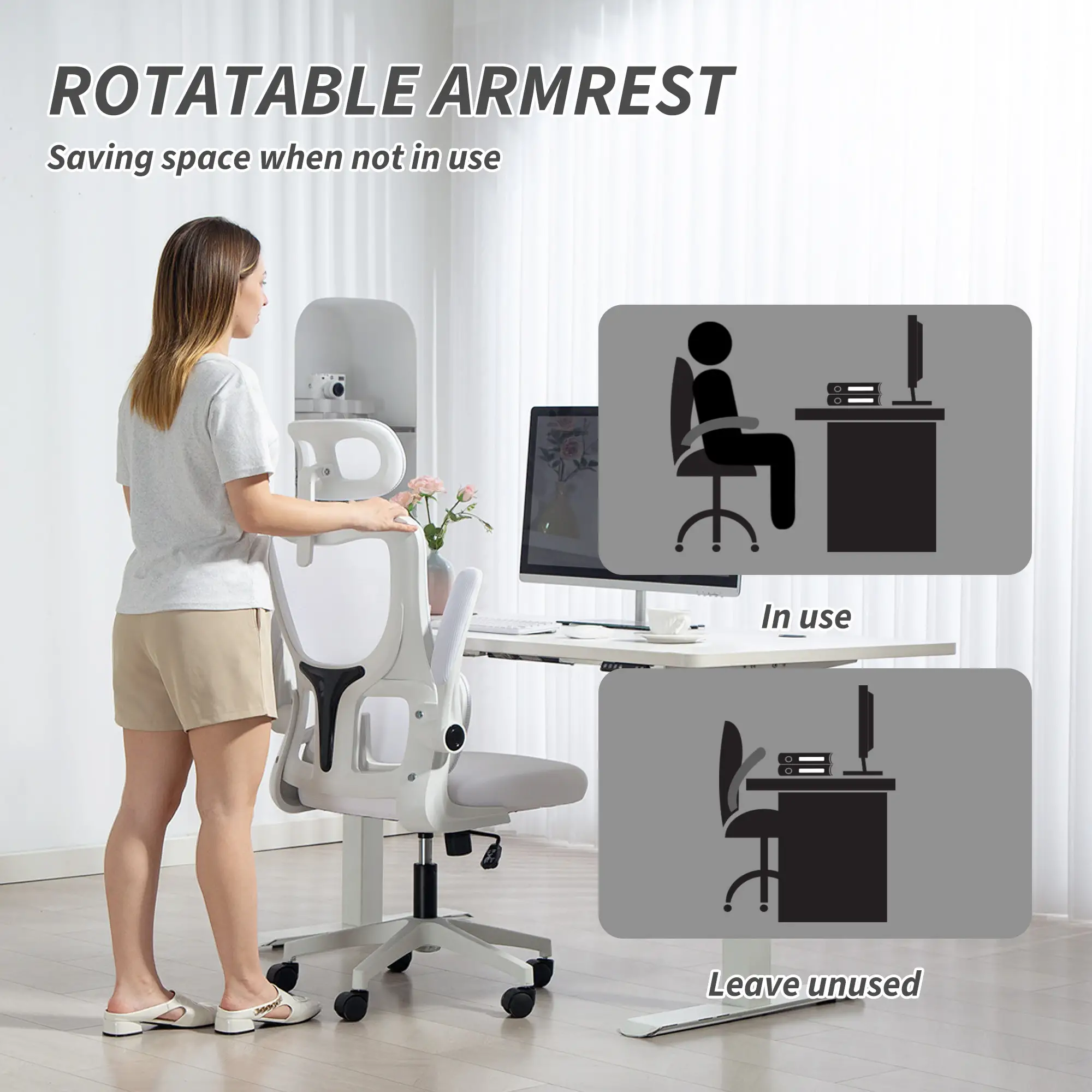 High Back Office Chair, Mesh Computer Chair, Adjustable Height, Cream White - Image 10