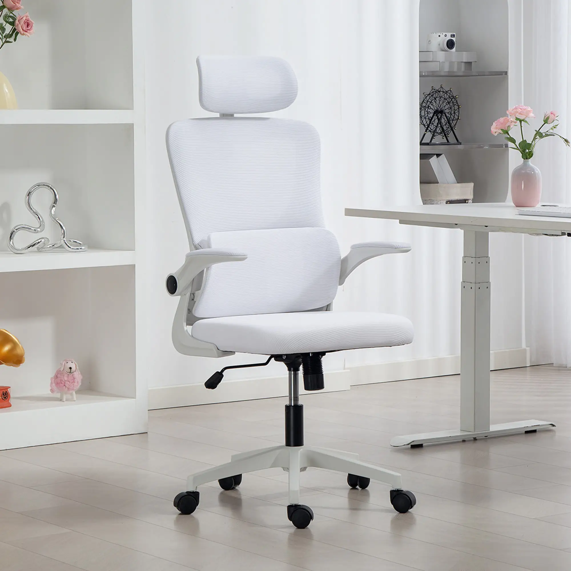 High Back Office Chair, Mesh Computer Chair, Adjustable Height, Cream White - Image 2