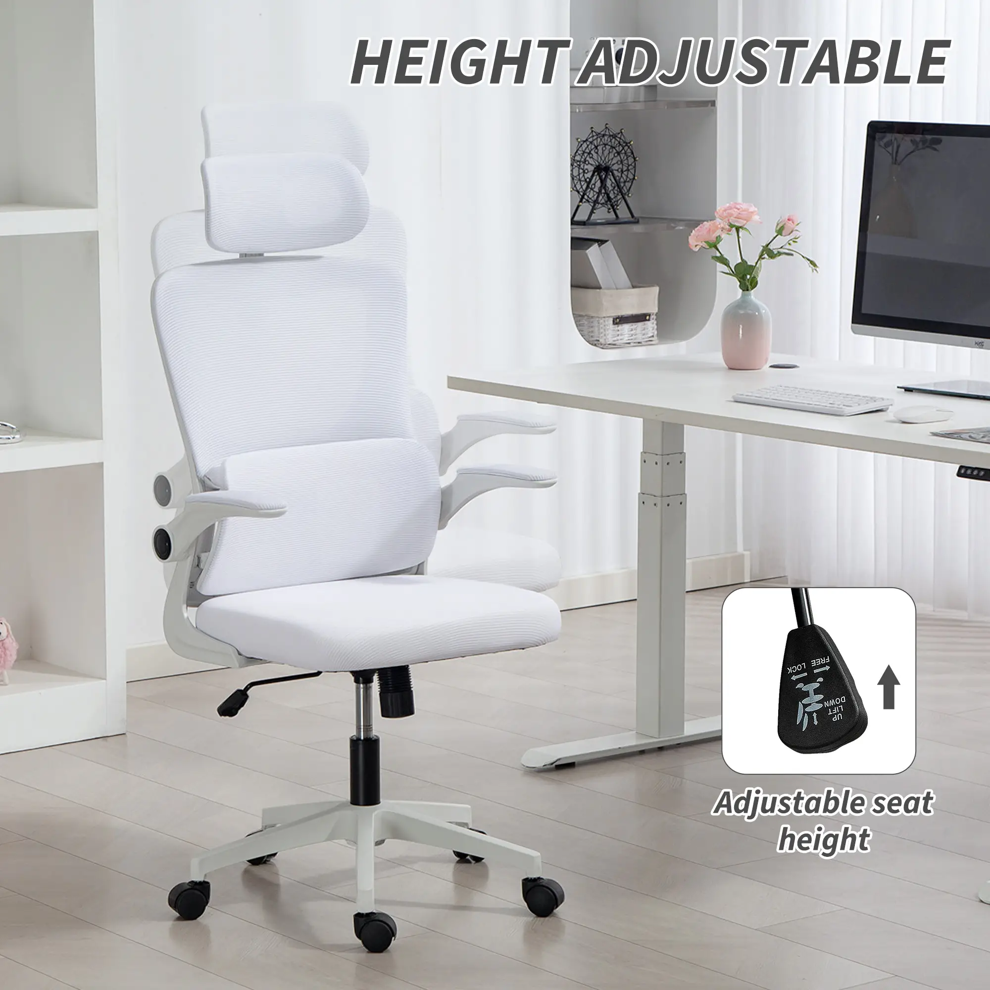 High Back Office Chair, Mesh Computer Chair, Adjustable Height, Cream White - Image 4