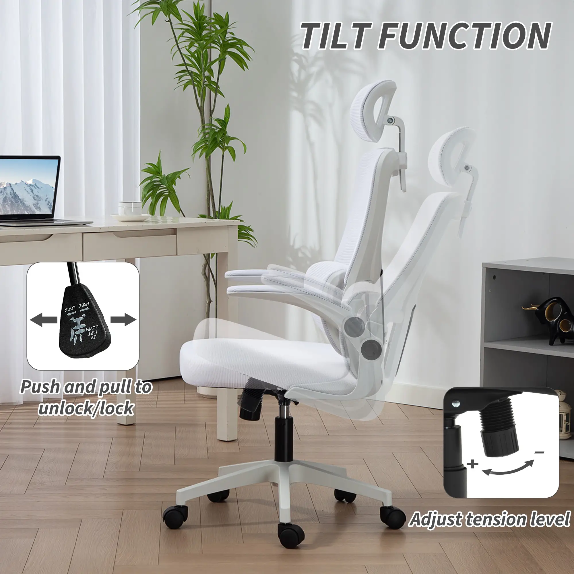 High Back Office Chair, Mesh Computer Chair, Adjustable Height, Cream White - Image 5