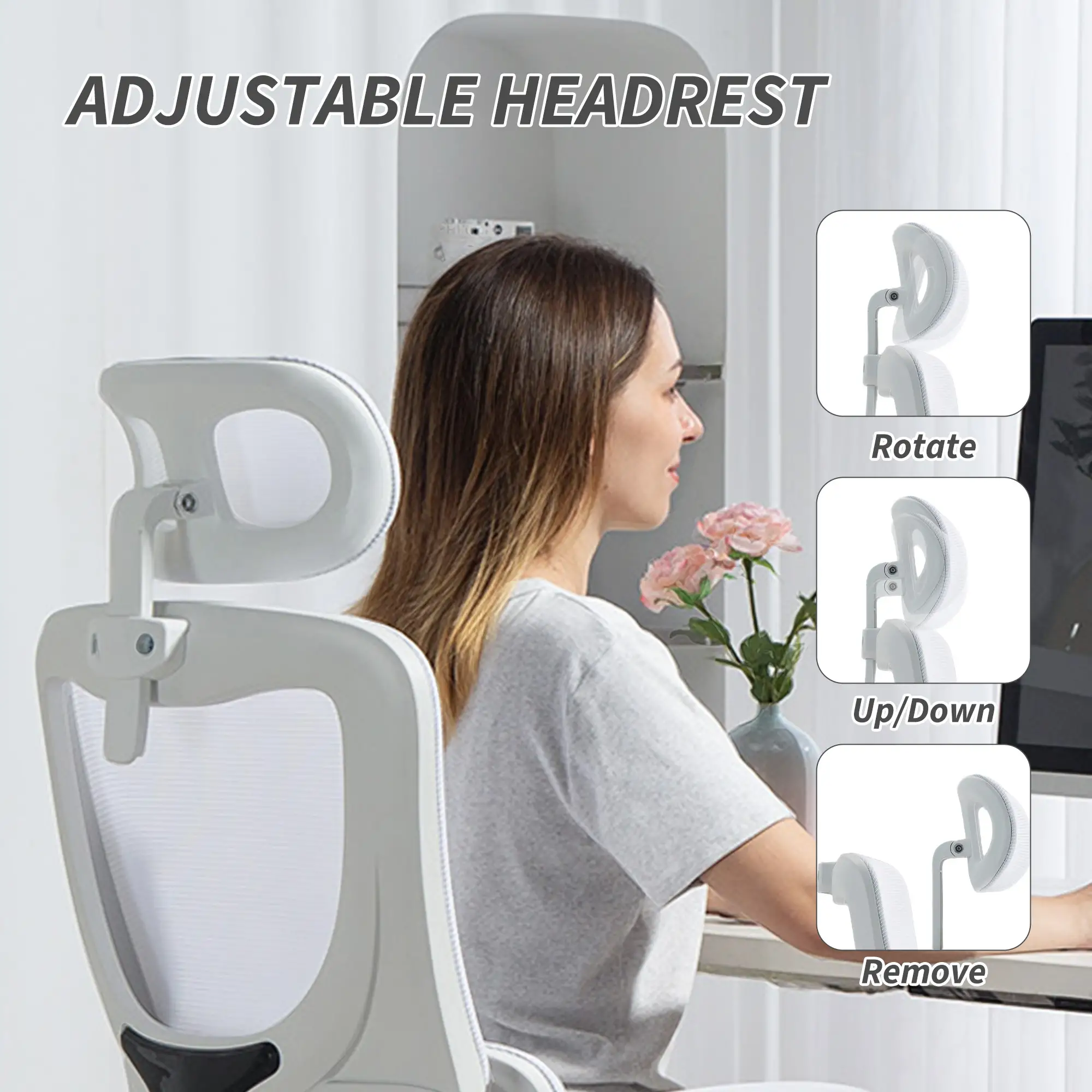 High Back Office Chair, Mesh Computer Chair, Adjustable Height, Cream White - Image 7