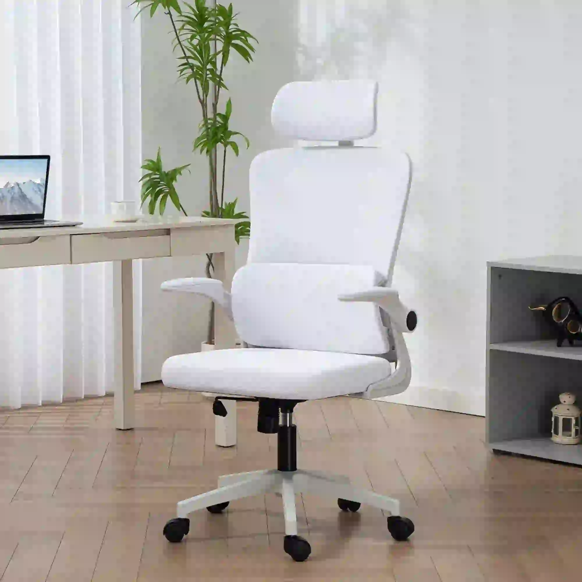 High Back Office Chair, Mesh Computer Chair, Adjustable Height, Cream White - Image 8