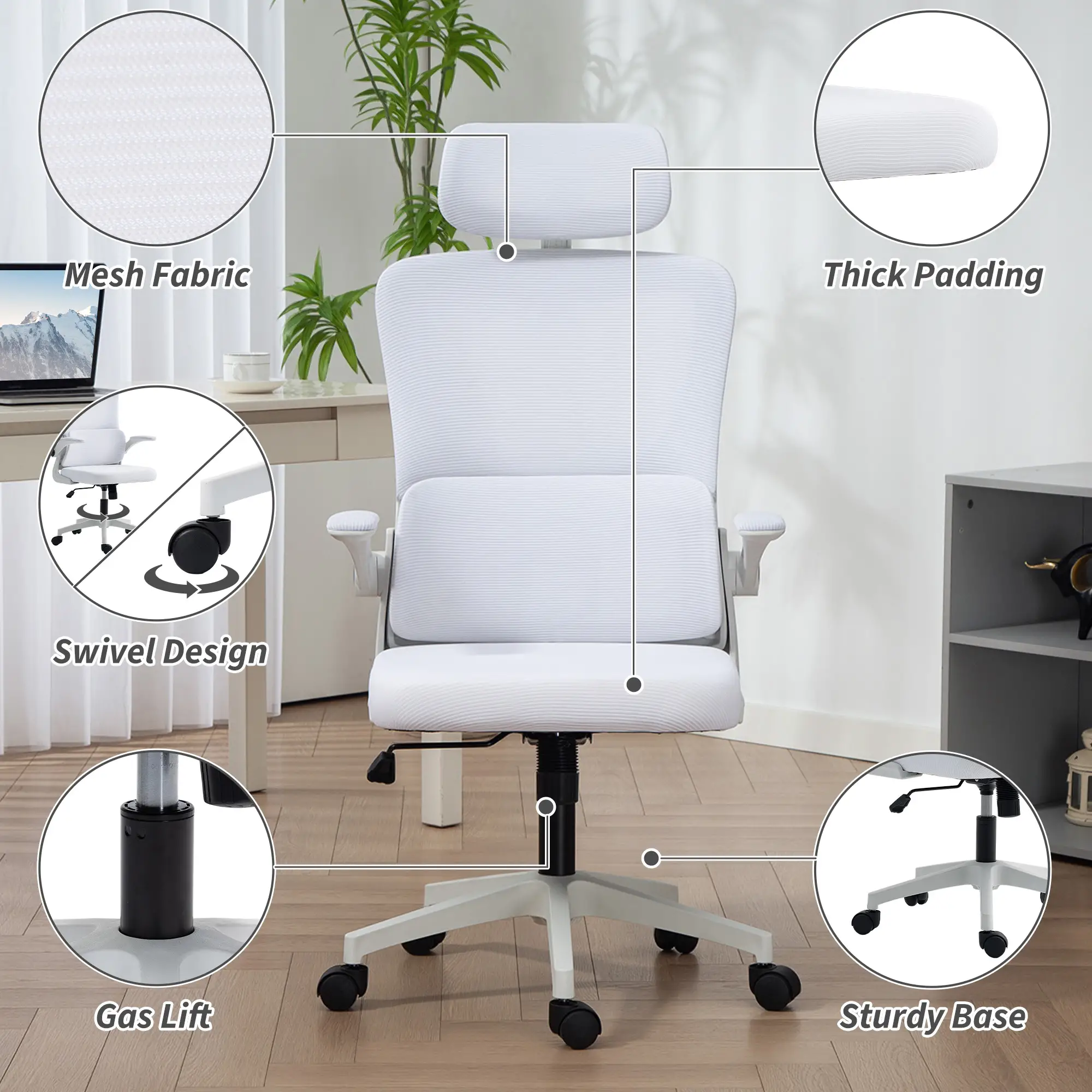 High Back Office Chair, Mesh Computer Chair, Adjustable Height, Cream White - Image 9